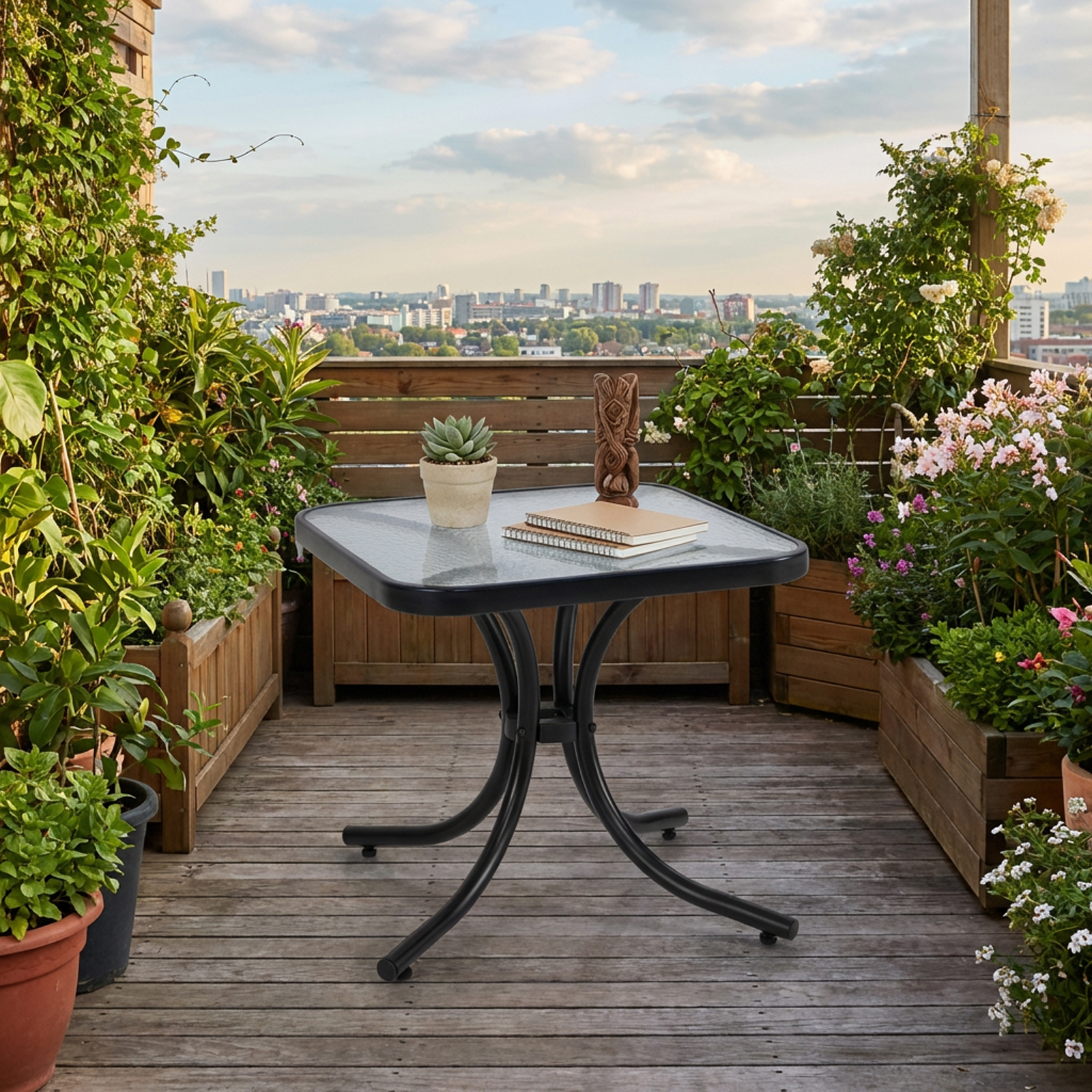 20 Inches Outdoor Patio Side Table, Tempered Glass Duty Patio Square End Table With Metal Frame