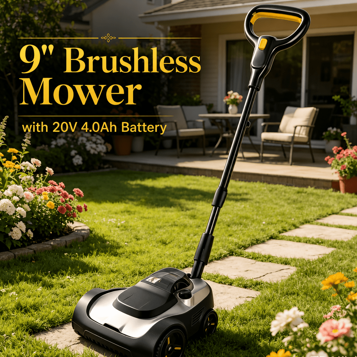 Image of 9" Cordless Lawn Mower 6000rpm Brushless Motor Lightweight Compact With 3-level Height Adjustment & 10°-75° Safe Tilt, Equipped With 20v 4.0ah Battery For Small Yards