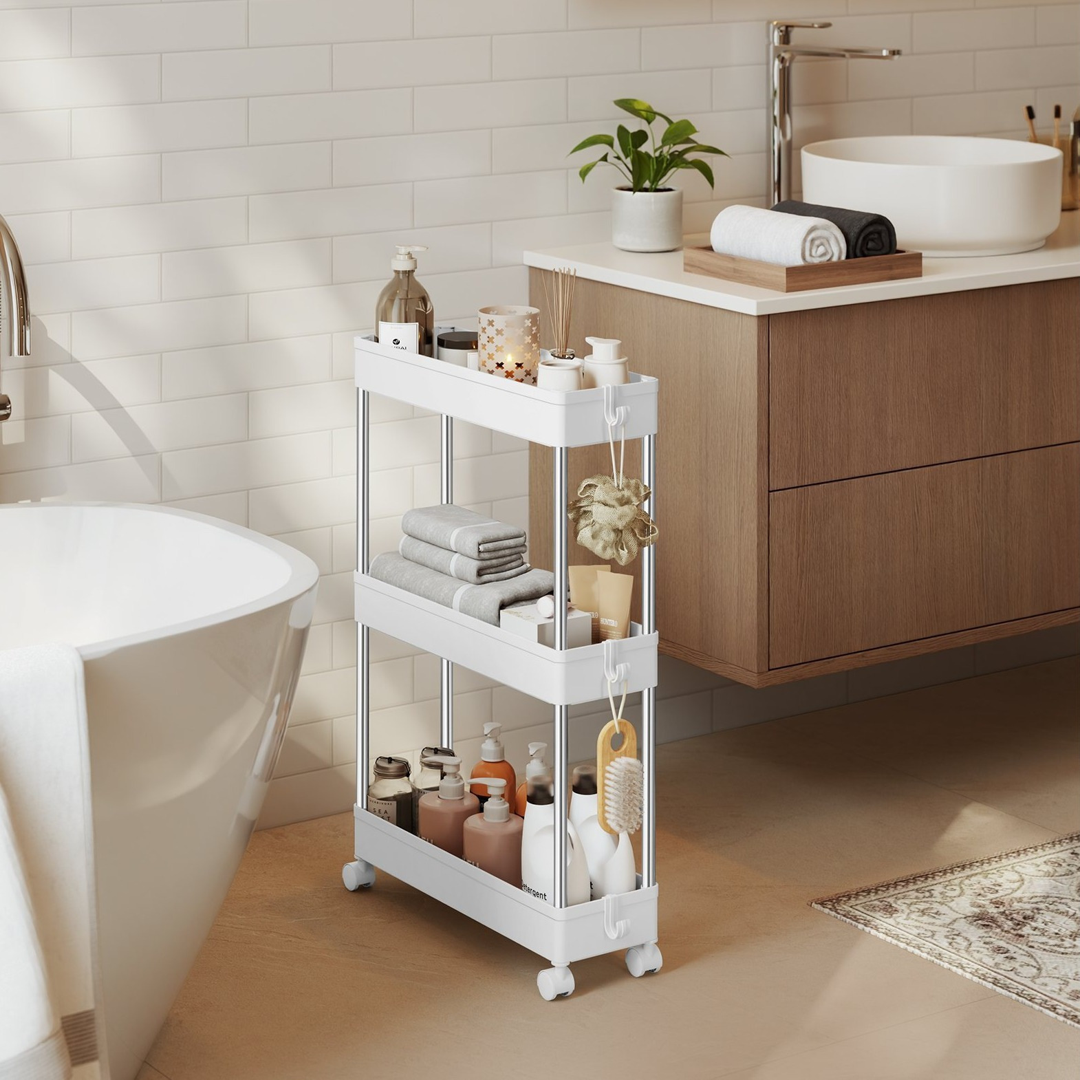 Utility Cart, Kitchen Cart With 6 Hooks, Kitchen Shelf, Niche Shelf, 360° Rotatable Wheels, , For Bathroom, Kitchen, Office, 3 Levels