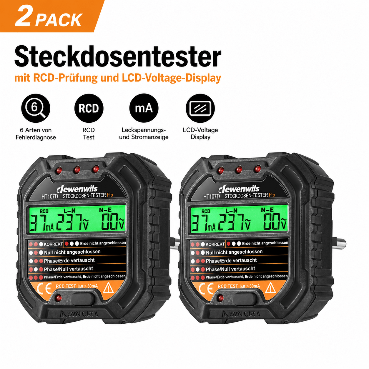 Image of Dewenwils 2 Pack Socket Tester With Rcd Testing And Lcd Voltage Display, 6 Types Of Fault , Leakage Voltage And Current Display, Fi Test, 48-250v/45-65hz, Cat Ii