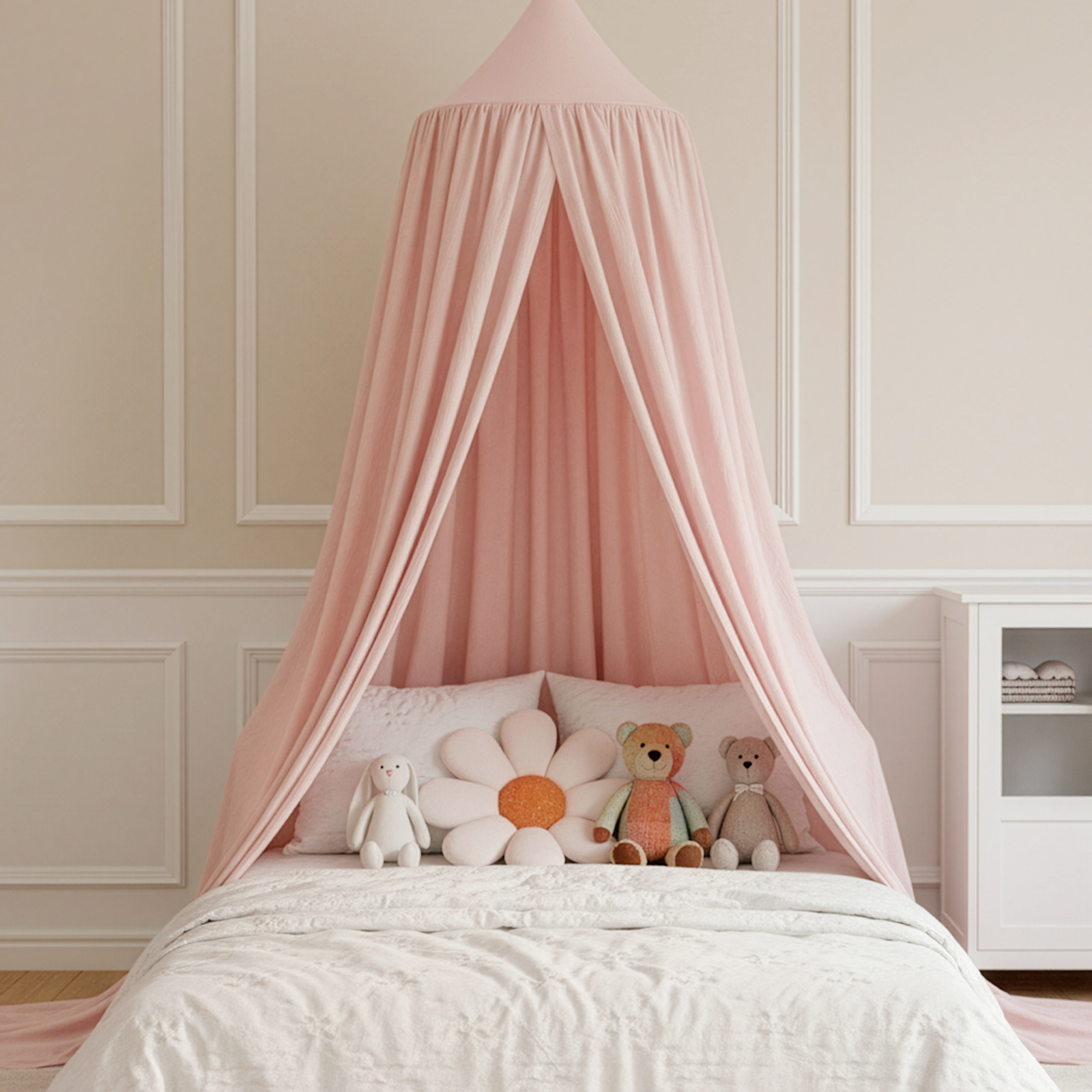 Canopy Bed With Net, Hammock, And Reading Nook In Soft Pastel Tones, Including Stand - Perfect For Room Decoration.