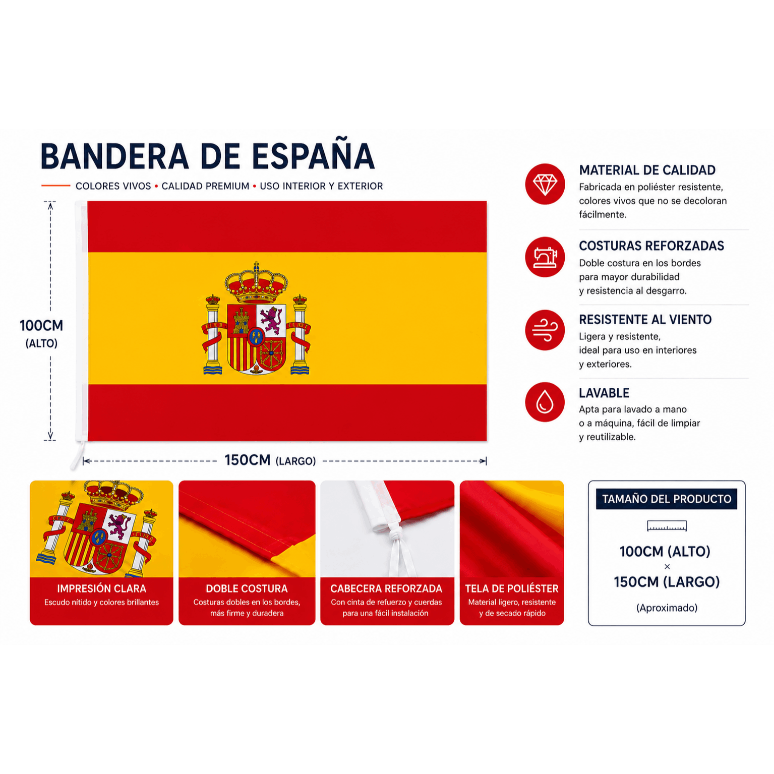TEMU de España 100x150 cm para Exterior e Interior, Española de Poliéster Resistente, Costuras Reforzadas, Colores , Ideal para , Decoración y