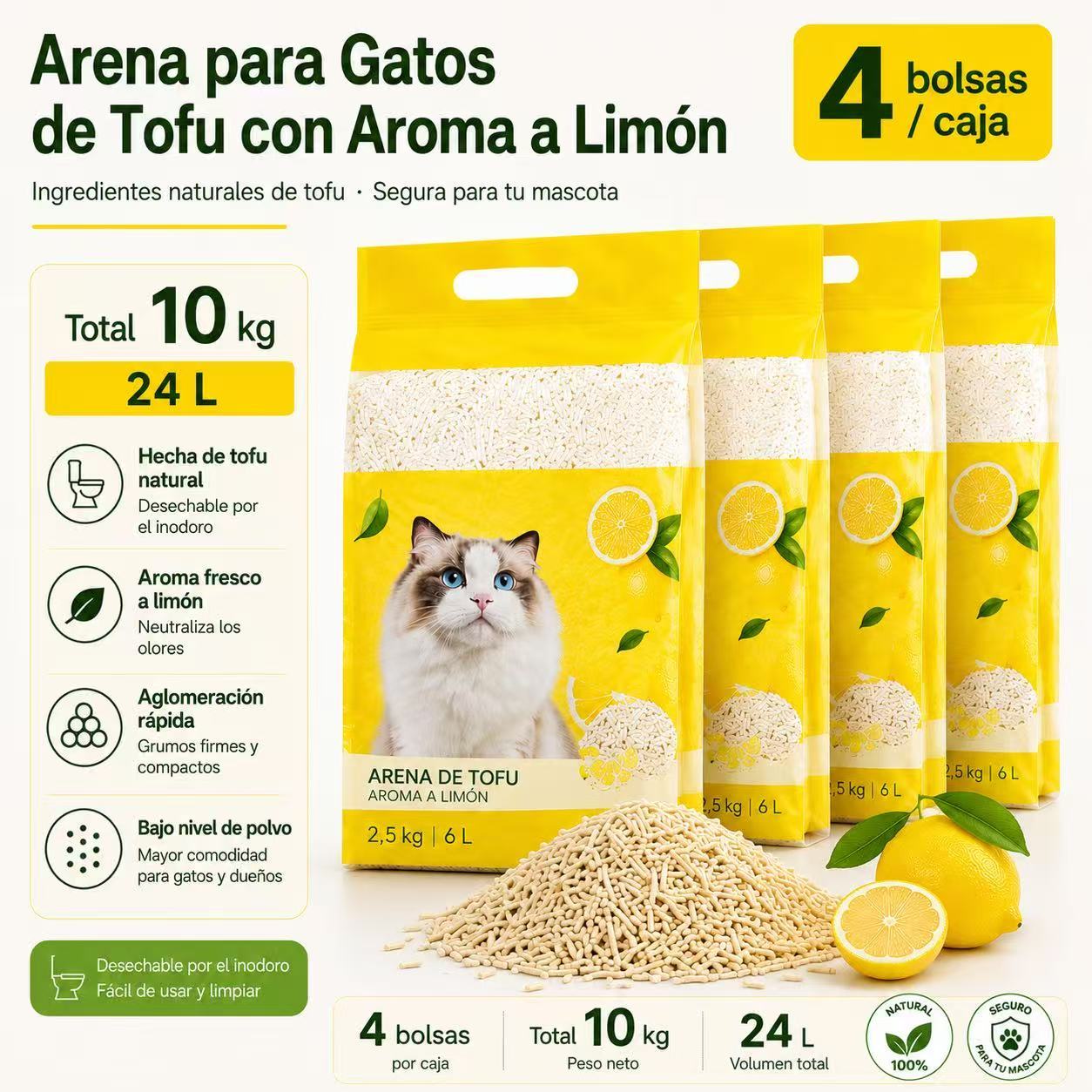 TEMU Arena de Tofu para Gatos 10kg 24L - Arena aglomerante para Gatos, Control de Olores con de Limón, y fácil de aglomerar, Desechable en el Inodoro
