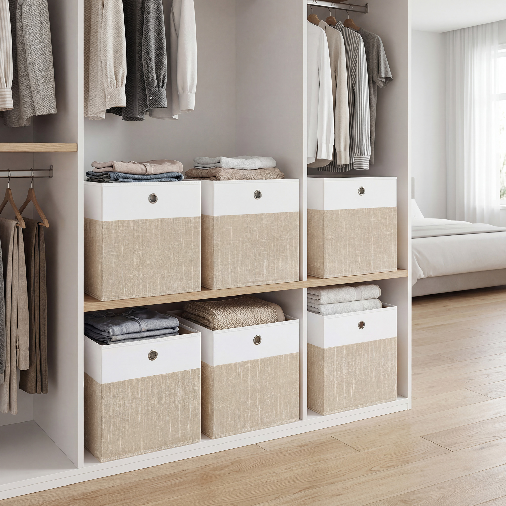 Storage Baskets, 6pcs Set, Foldable Fabric Boxes With Pp Plates, For Shelf, 30 X 30 X 30 Cm