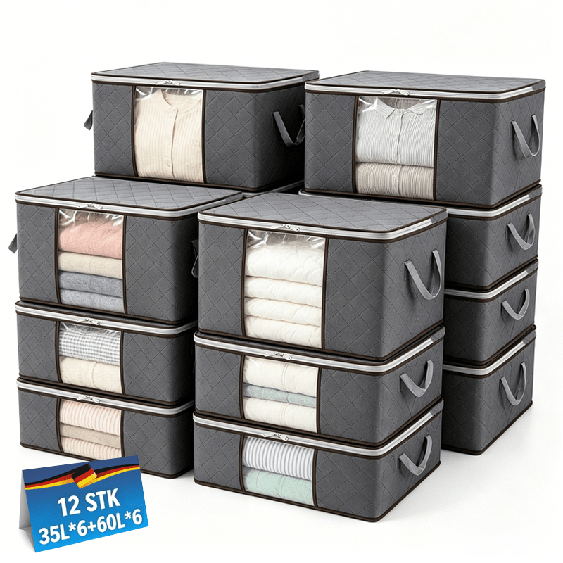 TEMU 12 Stück 35L/60L/90L Aufbewahrungstasche für Kleidung, Faltbare Aufbewahrungsbox, Kleiderschrank Organizer mit Verstärkten Griffen, Stabilem