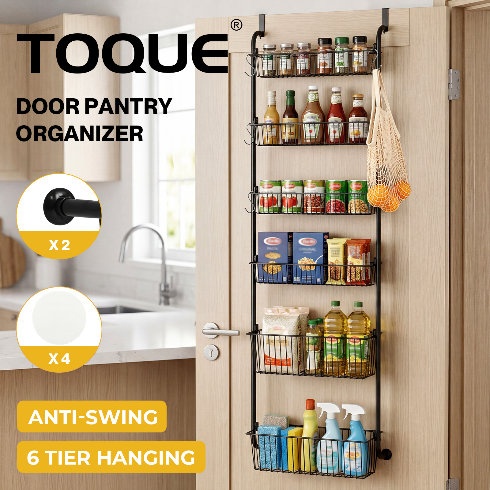 TEMU Toque Over Door Pantry Organiser, 6 Tier Kitchen Hanging Storage Rack, Black Metal Basket With 4 Small & 2 Large Baskets, Anti-swing Design For