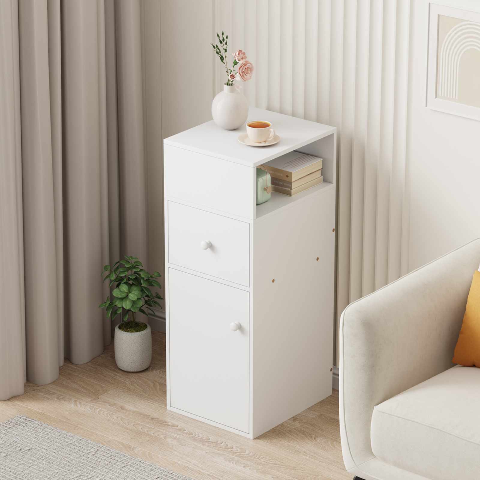 Slim Bedside Table With 1 Drawer & 1 Door, Small Narrow End Side Table Nightstand, Space- Design Ideal For Bedroom And Living Room Small Spaces
