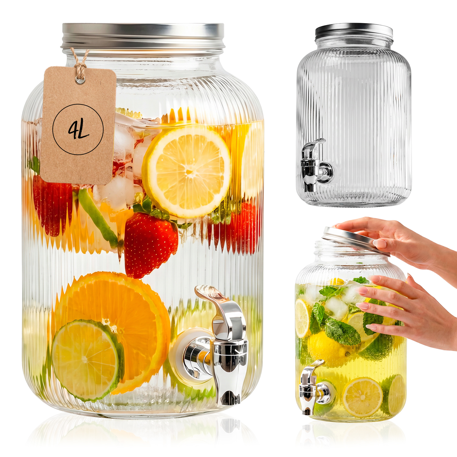 Image of Glass Jar With A 4l Faucet Ryflowed Jar For Lemonade, Water, Juice, Drinks - Beverage Dispenser, Container For Cold Drinks, Iced Tea, Compote