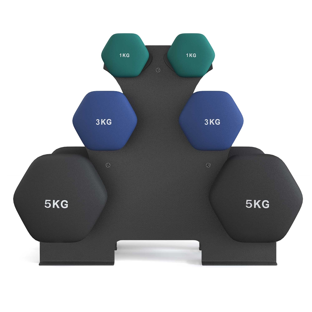 TEMU Hex Dumbbells Set With Stand - 2 X 1 Kg, 2 X 3 Kg, 2 X 5 Kg, Neoprene Coating, Home Fitness, Green, Blue, Black