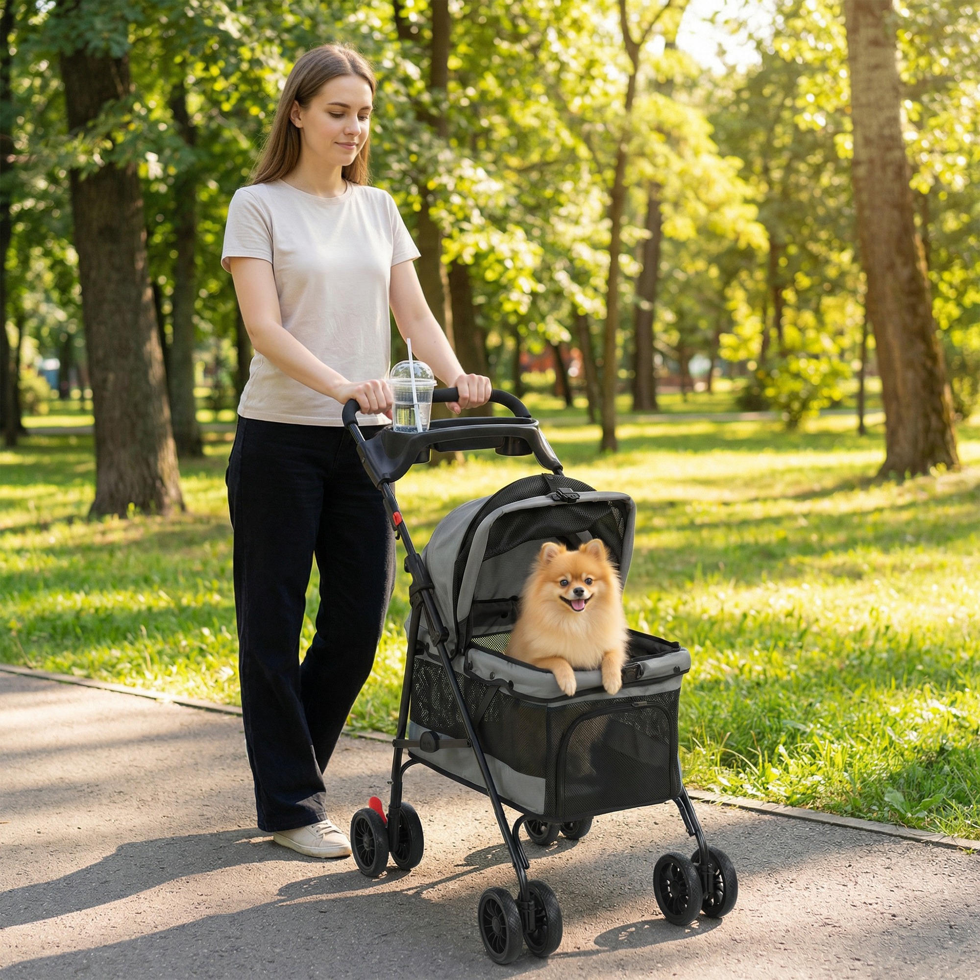 Image of Foldable Pet Stroller For Dogs And Cats Up To 10kg With Cushion, Mesh Windows, Cup Holder, Wheels With Brake, Pet Buggy For Small Dogs And Cats, Grey