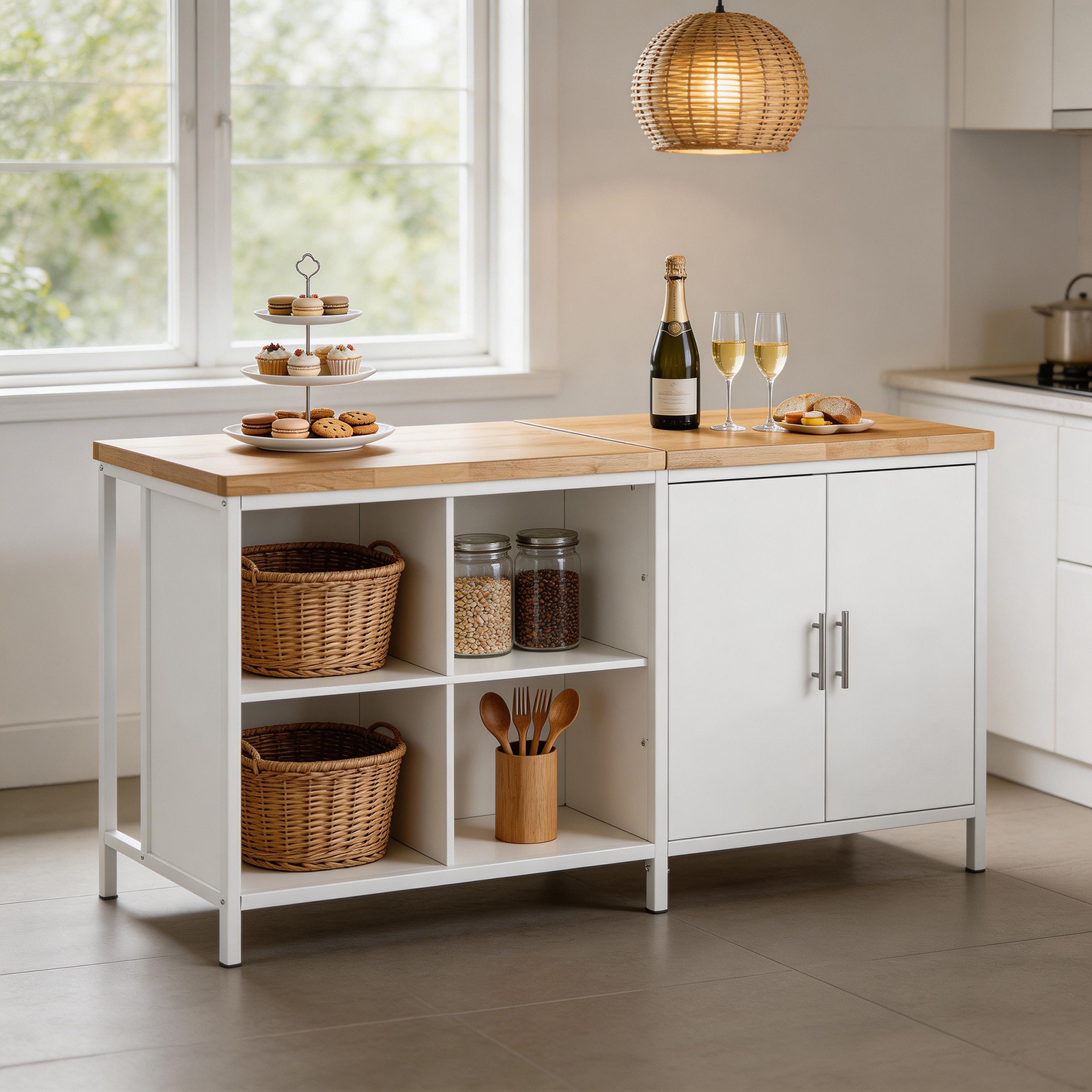 Image of Kitchen Island Cabinet Sideboard Bar Table Buffet With Worktop, 4 Open Compartments, Storage Space, Dresser For Kitchen, Dining Room, Living Room, White/natural, 170x89x60cm, Haotian