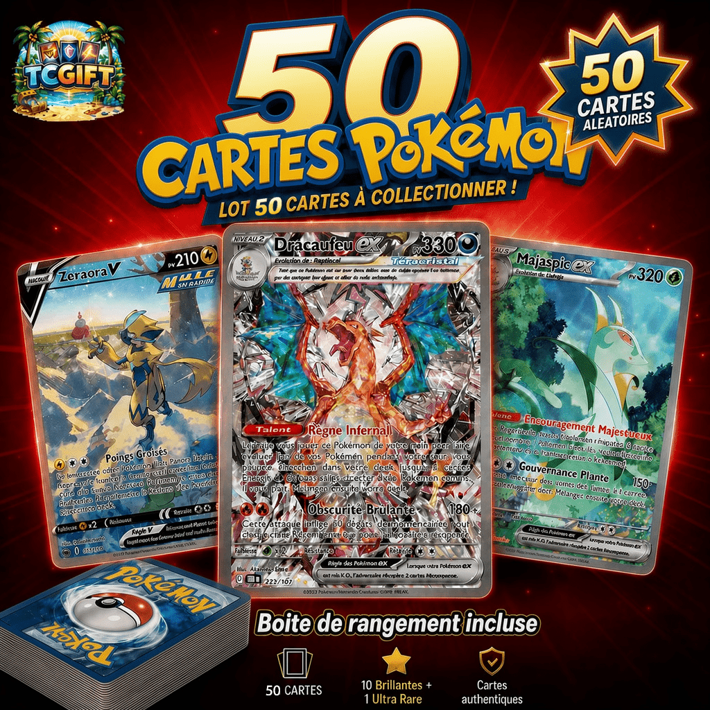 TEMU Lot de 50 Cartes Pokémon Officielles Dont 10 Brillantes + 1 Ultra Rare Garantie 0 et 0 Energie - Cartes Ideal Cadeau Enfants et Adultes