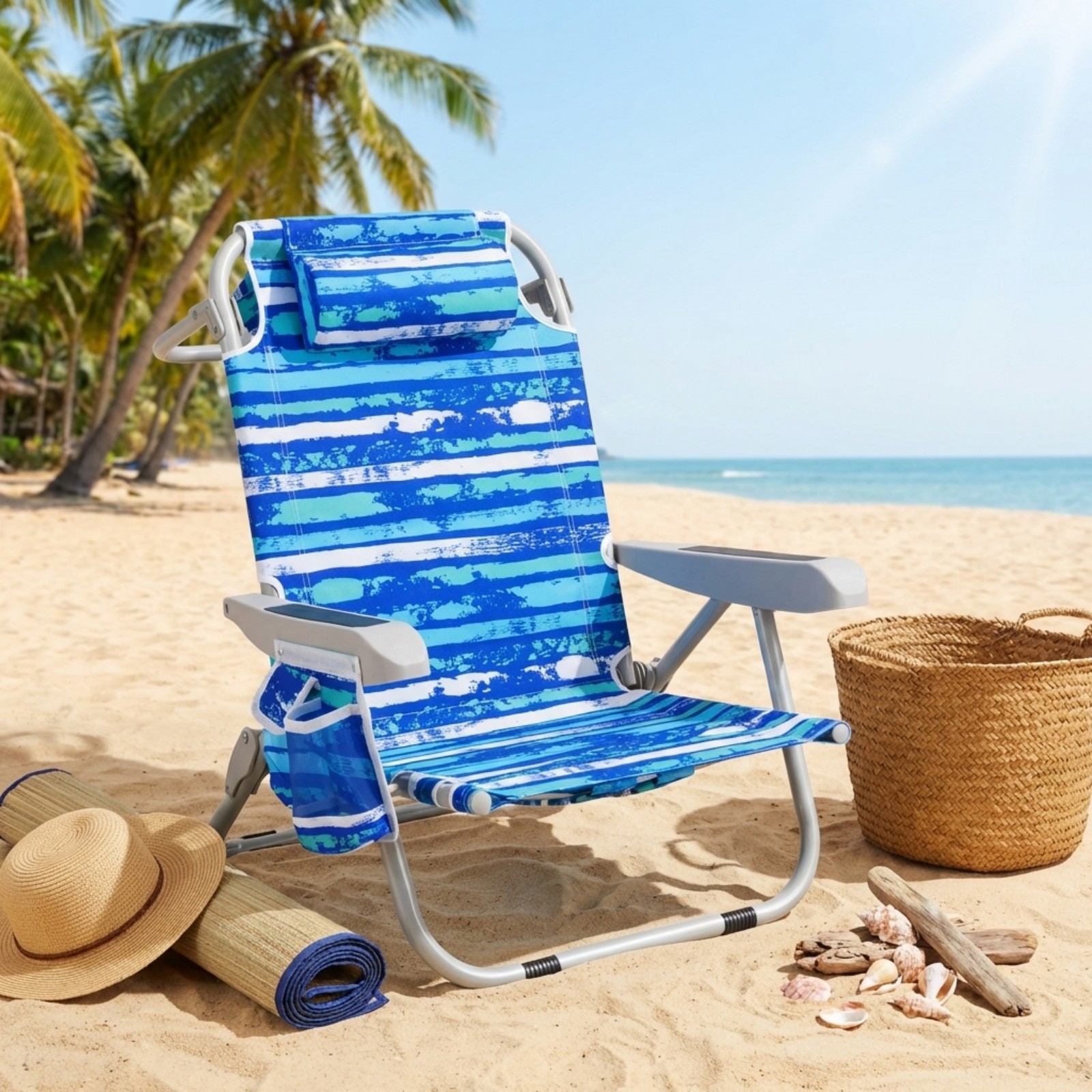 Foldable Backpack Beach Chair, Portable 5-position Camping Lounge Chair Pillow, Cup Holder, Shoulder Straps