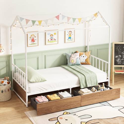 single size house bed with 2 drawers heavy duty metal platform bed with roof headboard footboard house shaped bed frame for kids boys girls spring needed