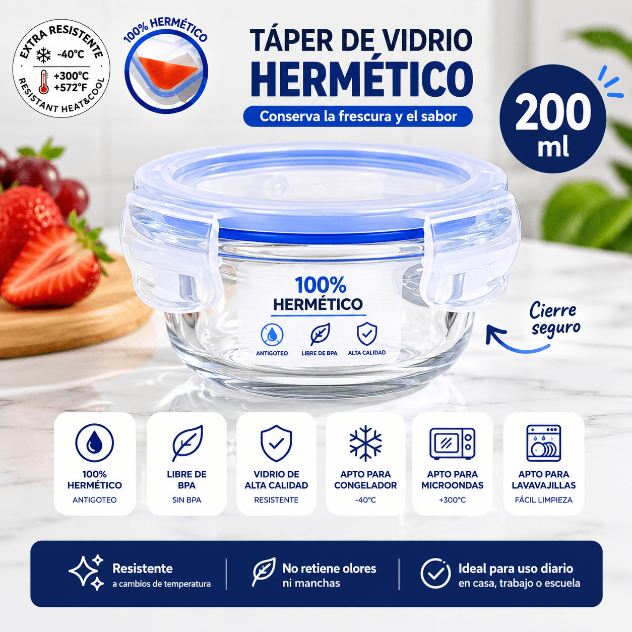 TEMU Táper de Vidrio Hermético 200 ml | para Microondas, Congelador y Lavavajillas | Libre de BPA