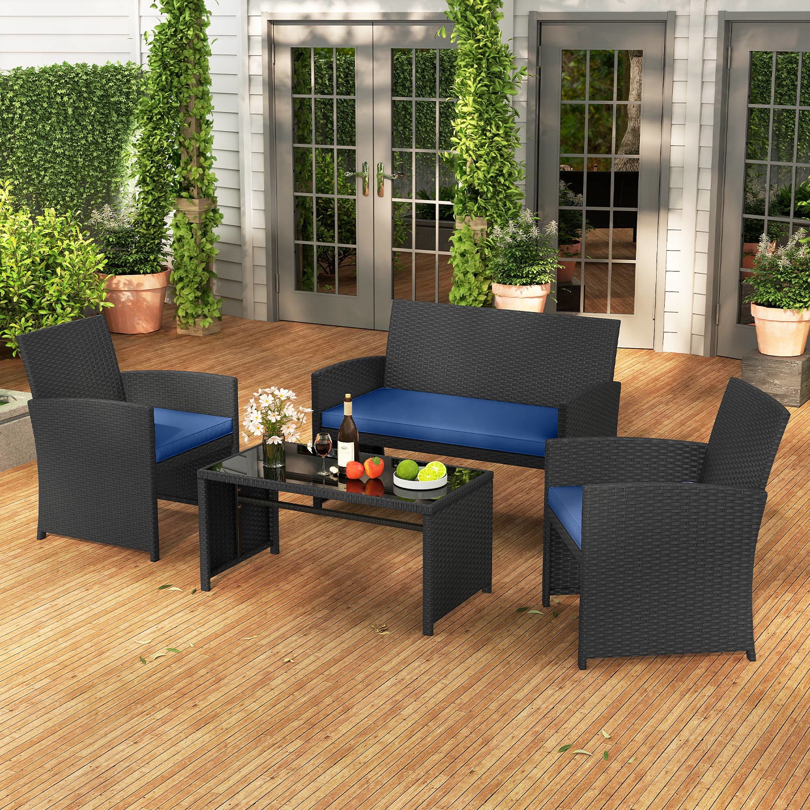 4pcs Rattan Patio Furniture Set, Outdoor Sofa And Table Set With 4 Seats, Wicker Conversation Sofa Set For Balcony, Garden, Backyard, Wicker Chair Set With Tempered Glass Coffee Table, Navy