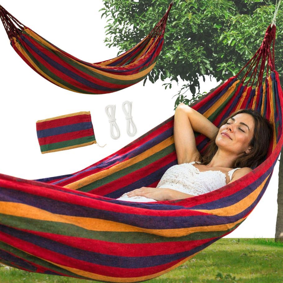 TEMU Hamaca de jardín a rayas, resistente y con diseño antivuelco, 2 cuerdas, ideal para exterior, , y camping