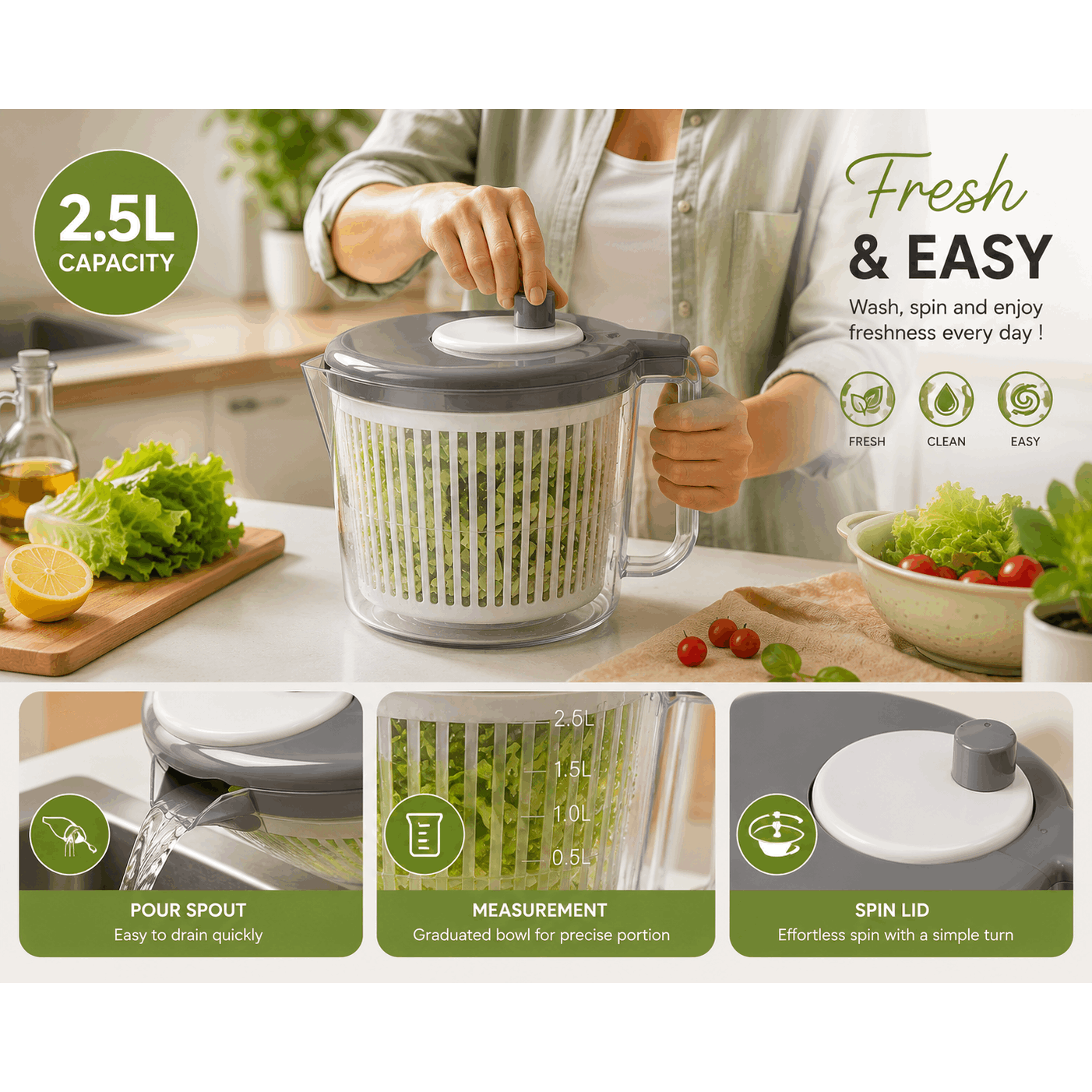 TEMU Petite Essoreuse à Salade 2,5 L Grise – Panier Égouttoir avec Poignée – Accessoire Cuisine Compact pour Salade, Herbes et Légumes