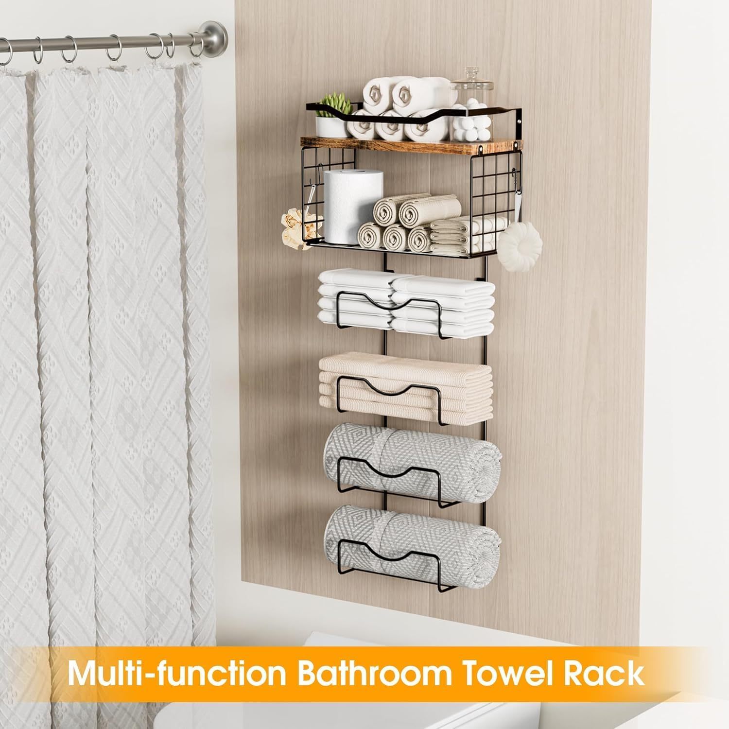 Bathroom Towel Rack Wall Shelf Basket Organizer Black Metal Wood Loft Loft-style Multi-level Holder 35x75cm