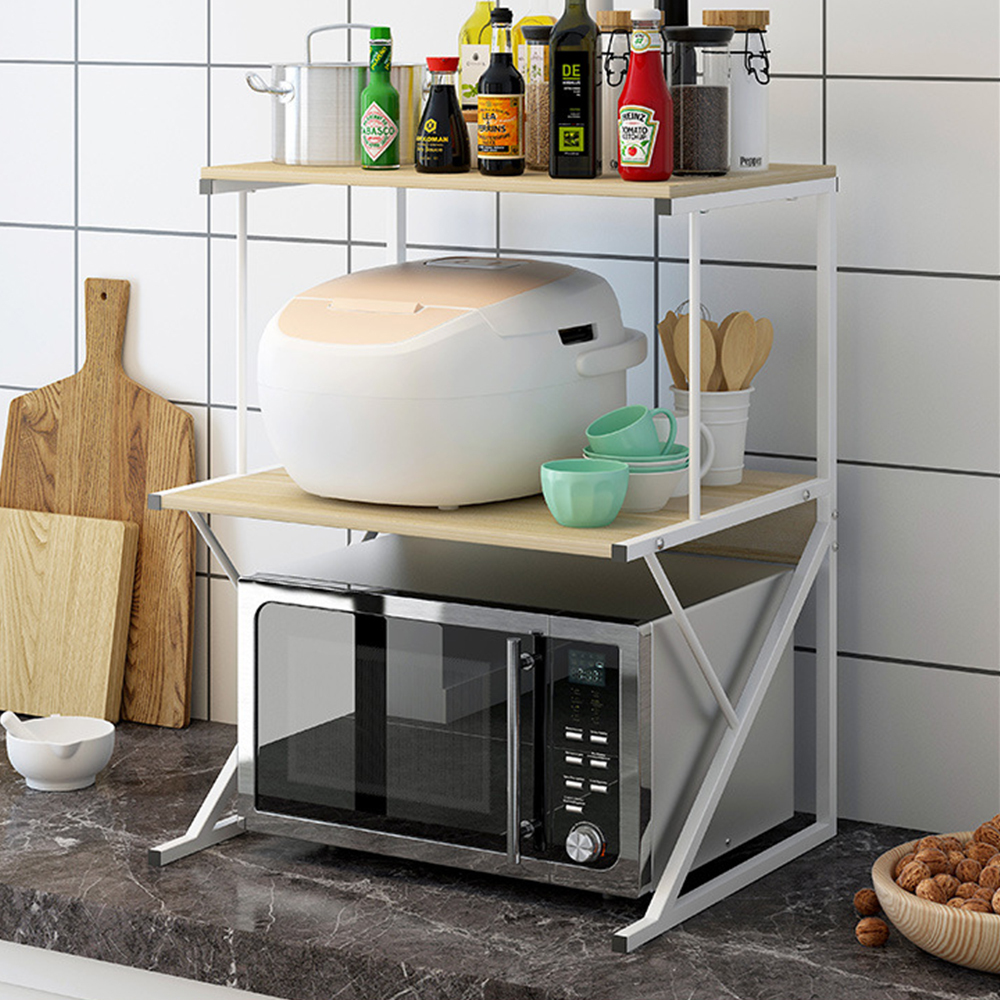 Image of 3-tier Microwave Oven Shelf Stand, Kitchen Countertop Storage Rack Spices Rack Freestanding, Home Office Printer Stand Multifunctional Unit Shelving Wood Top Metal Frame