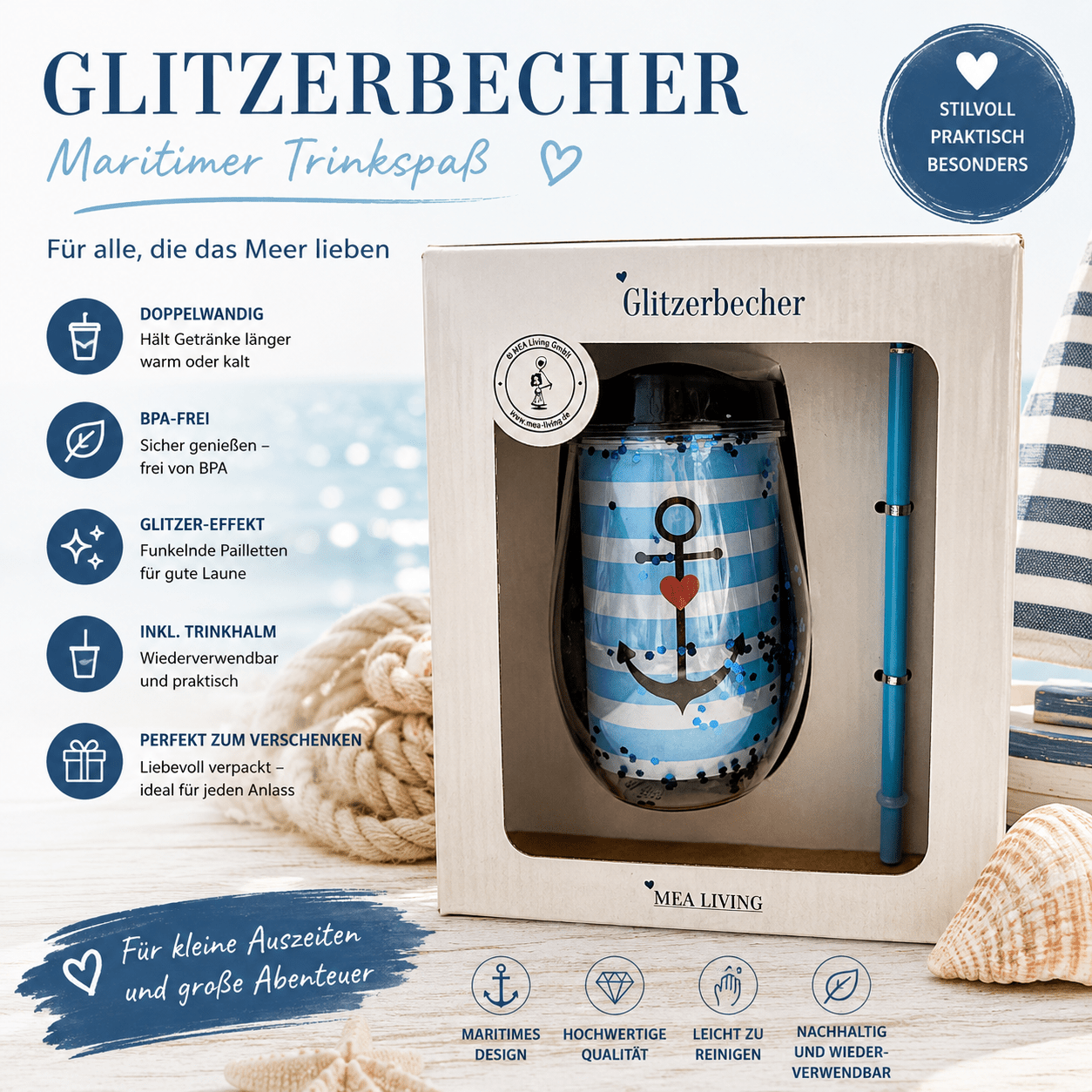 Glittering Maritime Cup With Straw – Double-walled Thermo-plastic Cup With Anchor & Heart, Bpa-free Coffee Cup, Drinking Cup In Gift Box