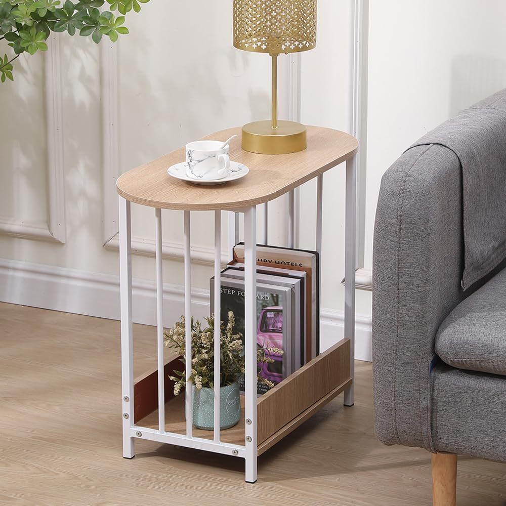 Small Sofa Table Oval Side End Table With 2 Tiers Storage Shelf, Slim Table With Metal Frame, Wood Tea Table Compact Bedroom Table Nightstand