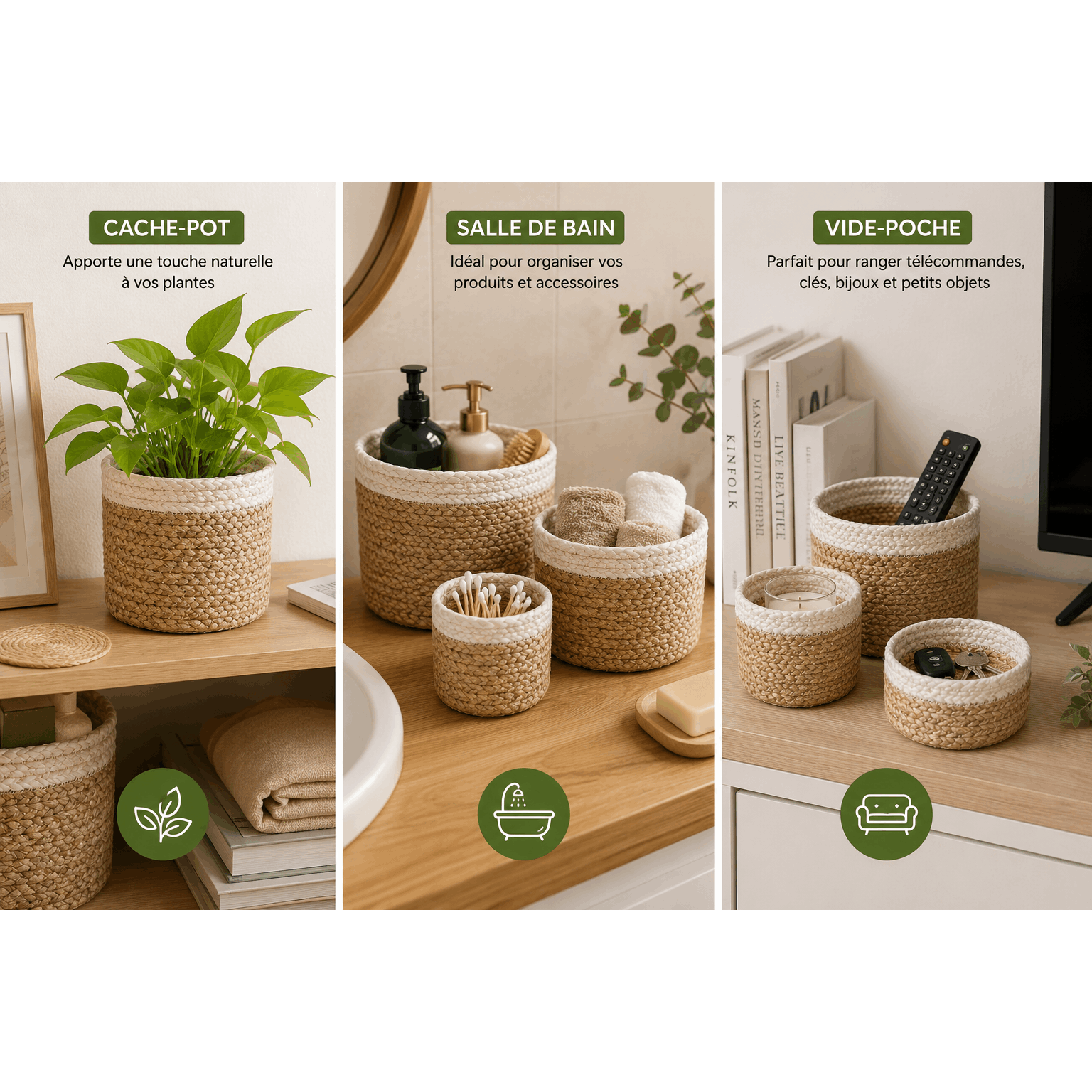 Set Of 3 Woven Jute Storage Baskets – Natural Decorative Bins For Plants, Bathroom, Books, And Small Items