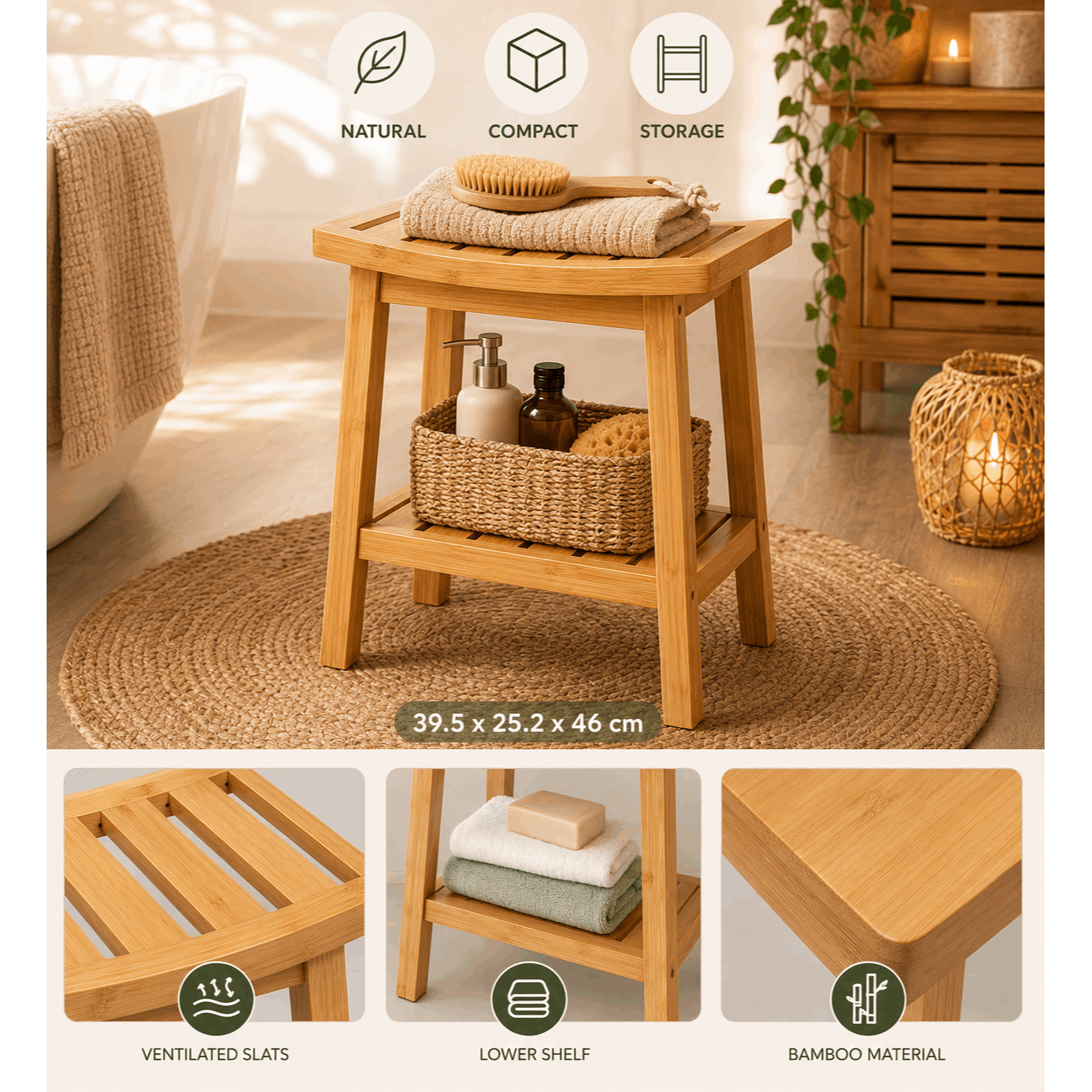 TEMU Tabouret Banc Bambou 2 Niveaux – Petit Banc Salle de Bain avec Étagère – 39,5 x 25,2 x 46 cm