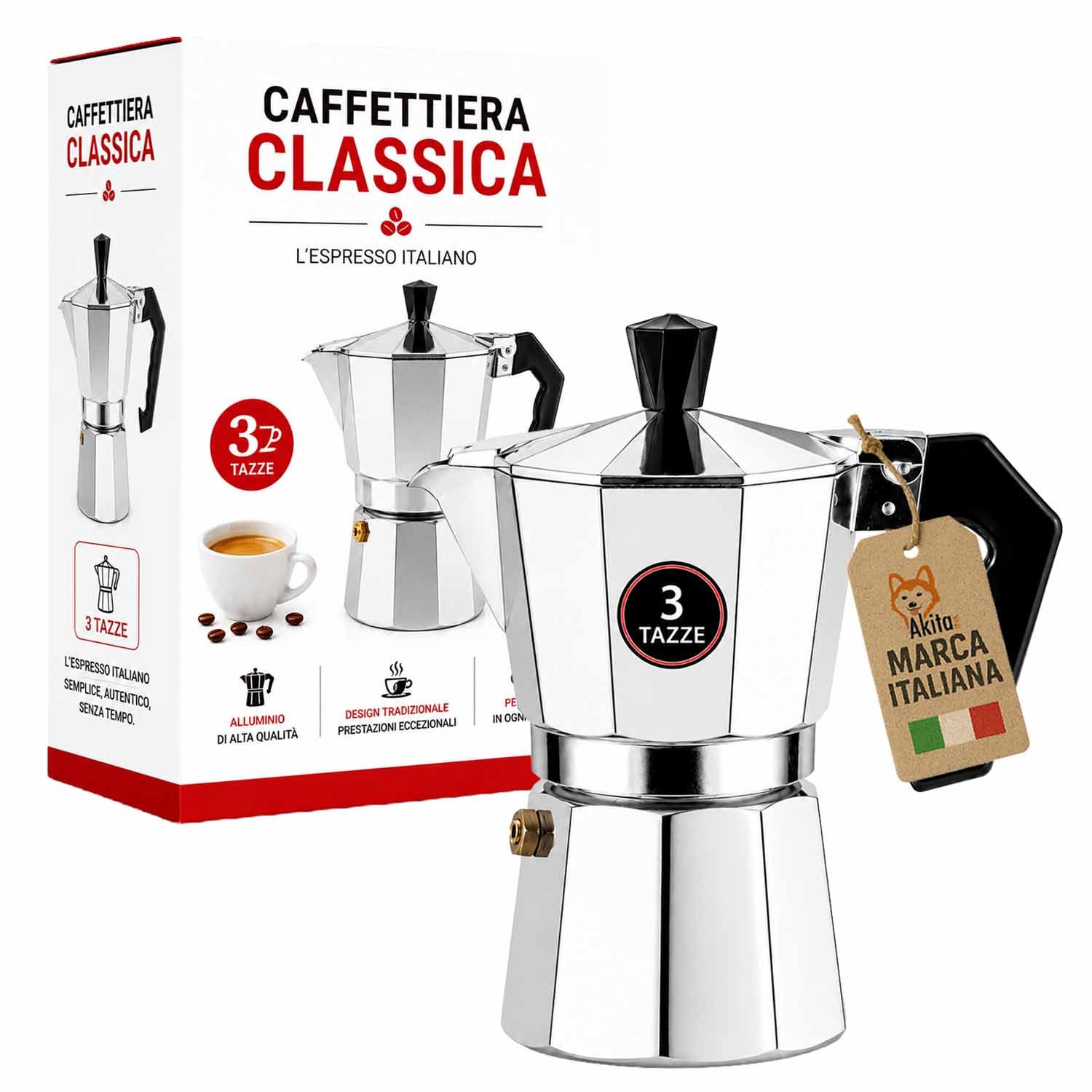 TEMU AkitaInk Caffettiera Moka con Valvola di ,Macchina per Caff癡 Tradizionale Disponibile da 1/2, 1, 2, 3, 6 e 9 Tazze, e Resistente