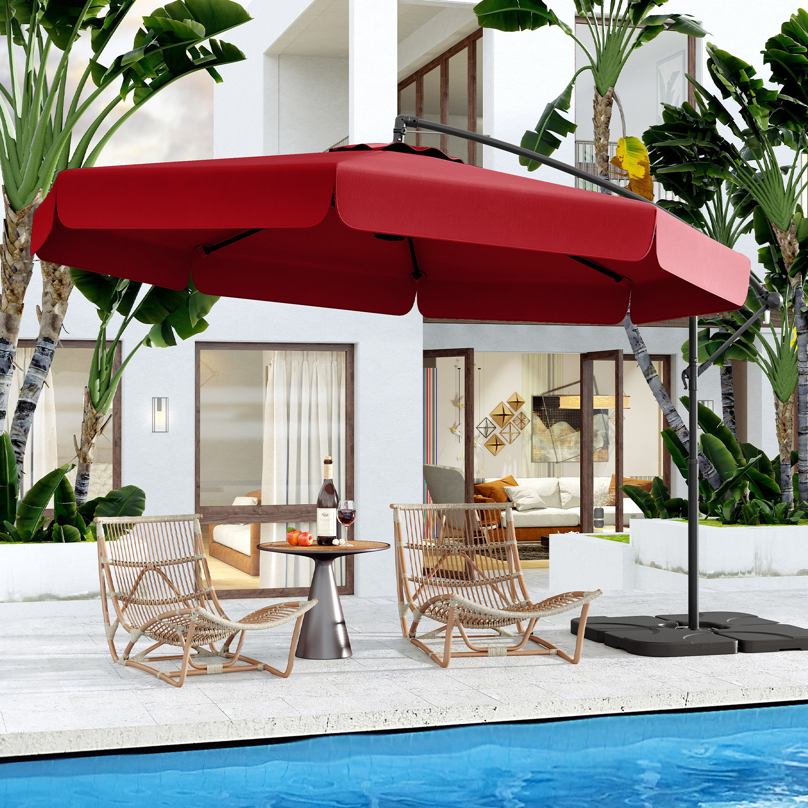 10ft Offset Hanging Umbrella With Cover, Patio Cantilever Umbrella With Easy Tilt Adjustment, Crank, 8 Ribs, Outdoor Parasol For Poolside Garden