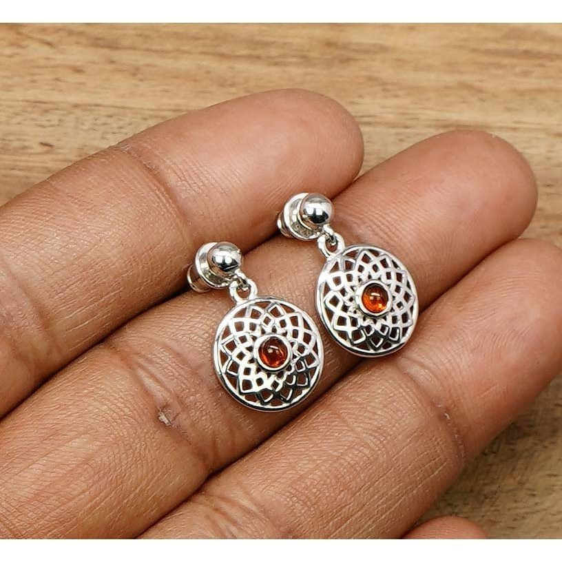 Women's Baltic Amber 925 Sterling Silver Round Stud Earrings