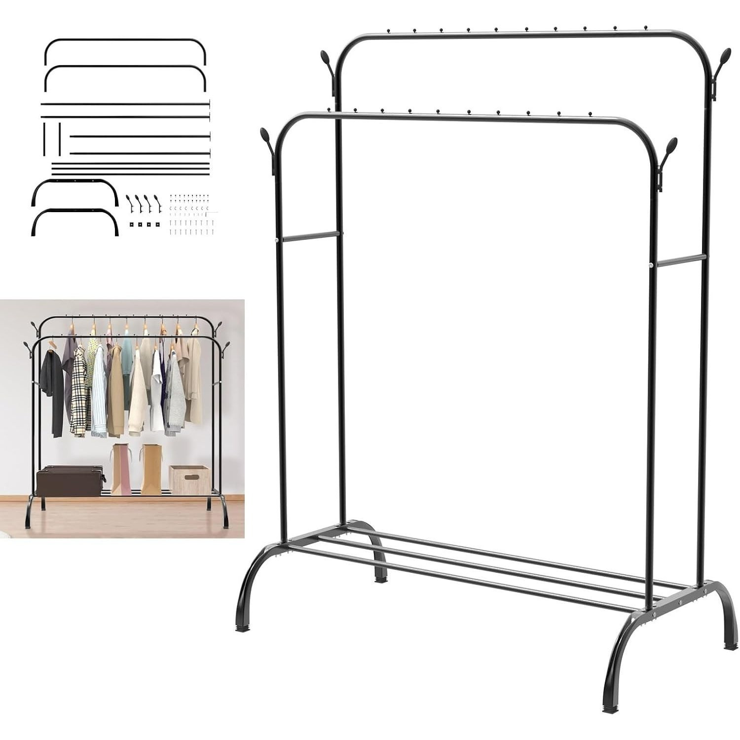 heavy duty clothes rail sturdy 80kg black metal rack with double hanging clothing shoe rack metal clothes rack with storage shelves 4 coat hooks freestanding rails for bedroom  