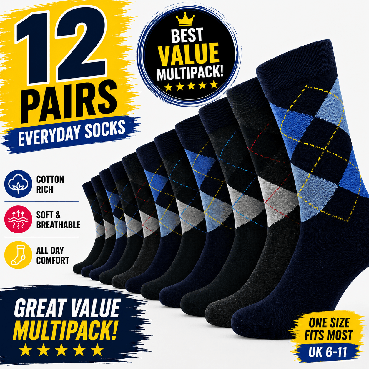 12 pairs mens   crew socks honeycomb comfortable non tight top soft breathable   uk size 6 11 everyday casual work sports running gym socks
