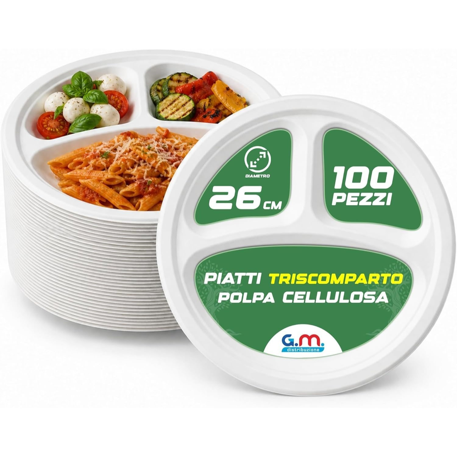 TEMU GM 100 Tondi Triscomparto in di Cellulosa, Compostabili e Biodegradabili, Adatti al Microonde, 3 Scomparti