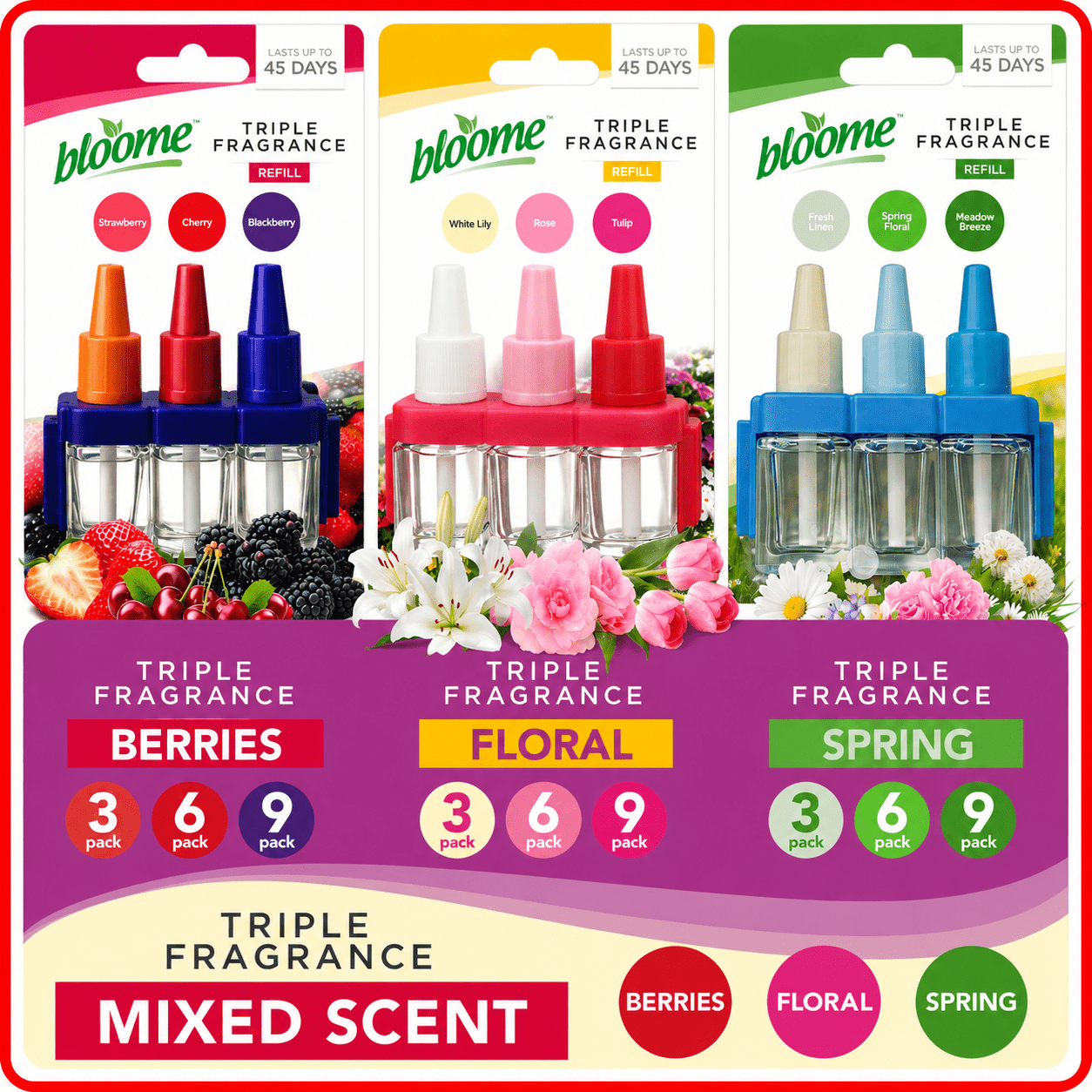 1/24 Pack 3  Compatible Refills Plug In |   Machine Air Freshener Alternative | Berry Floral,   &   Rose Tulip Scents | Long-Lasting 7ml Home Fragrance Refill | Odour Neutralising, Anti-Leak Design for Continuous Freshness