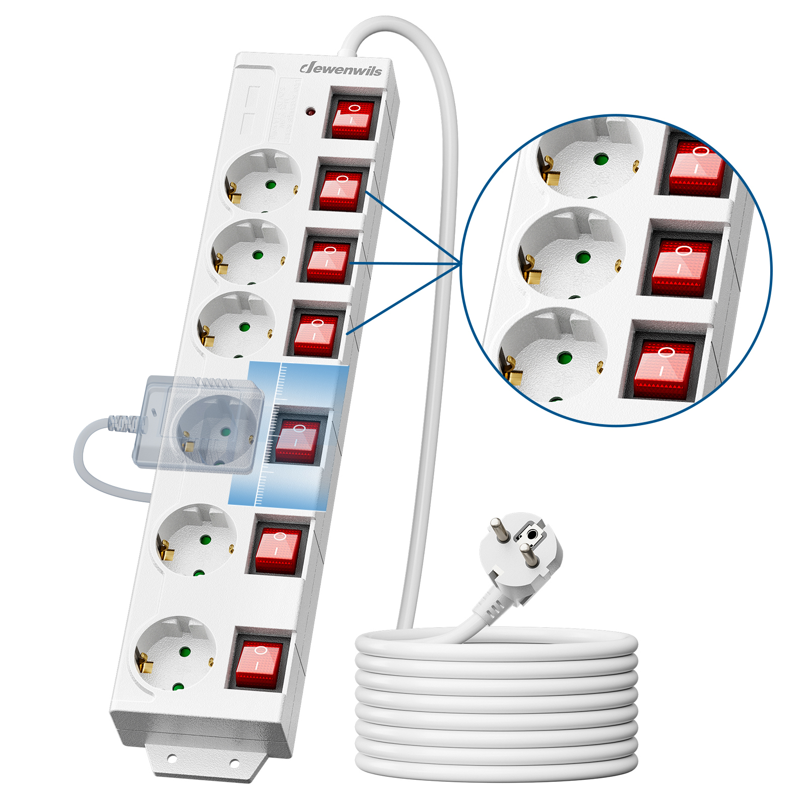 Image of Individually Switchable Power Strip, 6-outlet Power Strip With Switch, Multi-socket Outlet With Overload Protection, Child Safety Lock, 90° Rotated, 5m, White