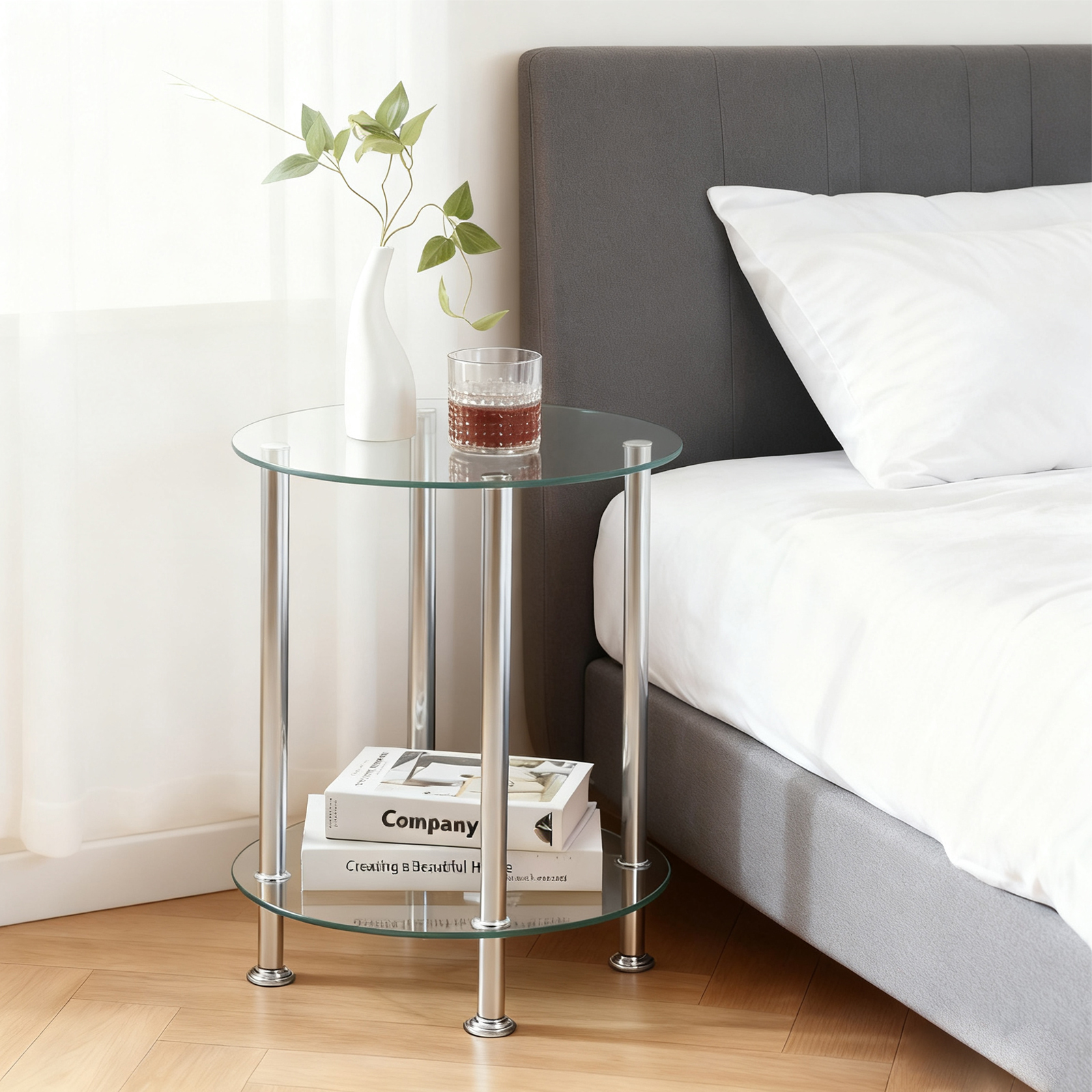 2-tier Tempered Glass End Table With Polished Chrome Legs, Small Round Sofa Side Table For Living Room