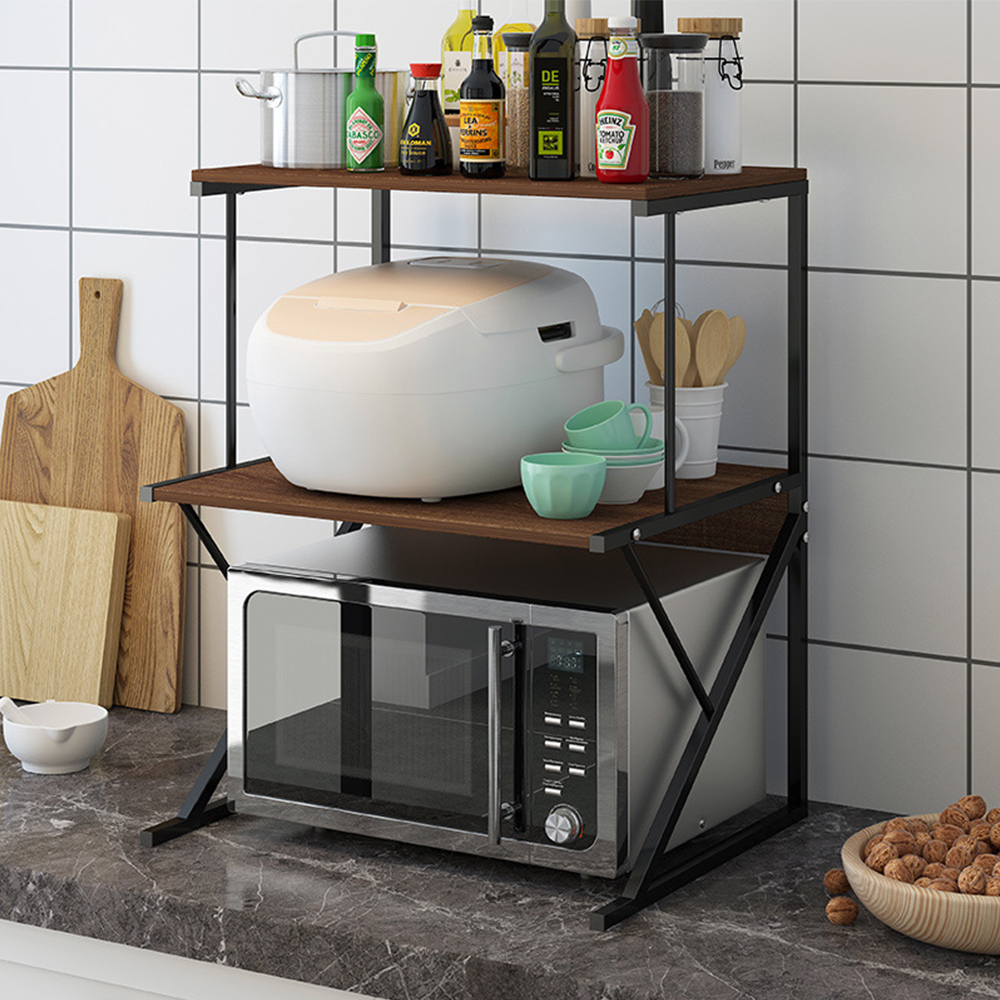 3-tier Microwave Oven Shelf Stand, Kitchen Countertop Storage Rack Spices Rack Freestanding, Home Office Printer Stand Multifunctional Unit Shelving Wood Top Metal Frame