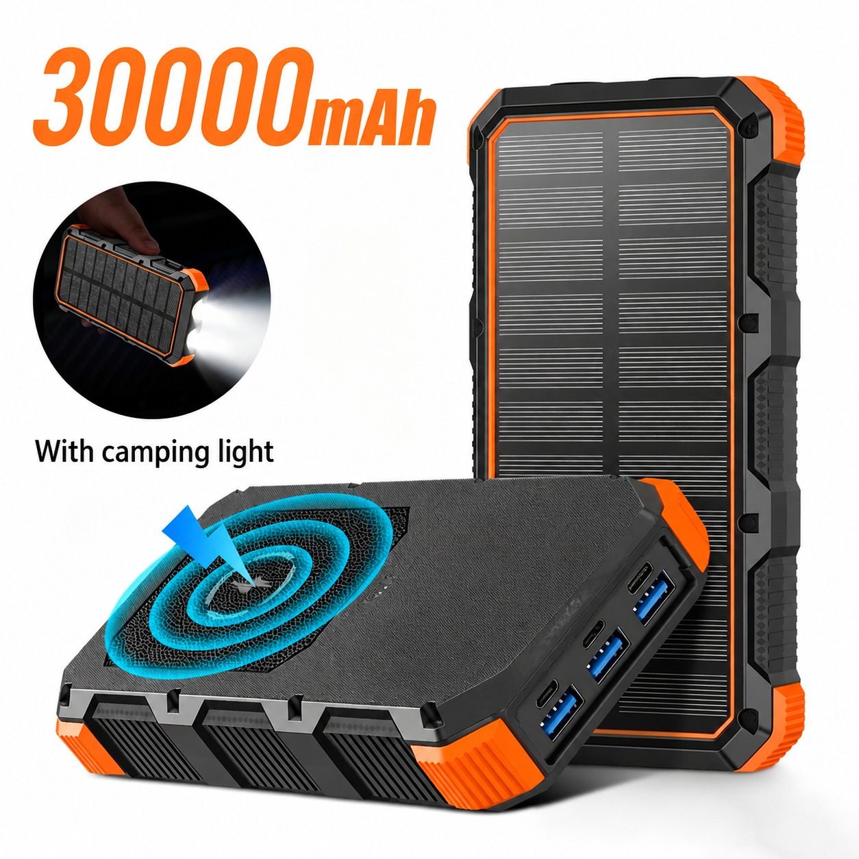 this 30000mah portable solar power bank   with 3 usb ports and 4 different charging cables   safe and reliable making it an   for home use travel and outdoor camping