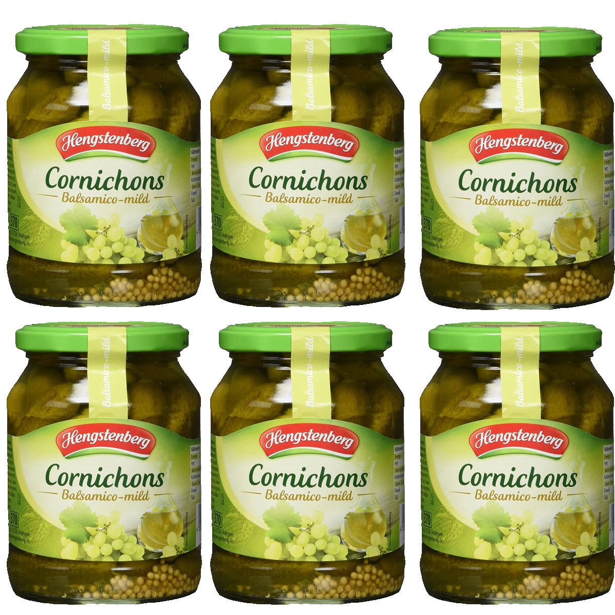 Hengstenberg Cornichons With White Balsamic Vinegar, Mild, In Glass Jar, 330g, 6-pack