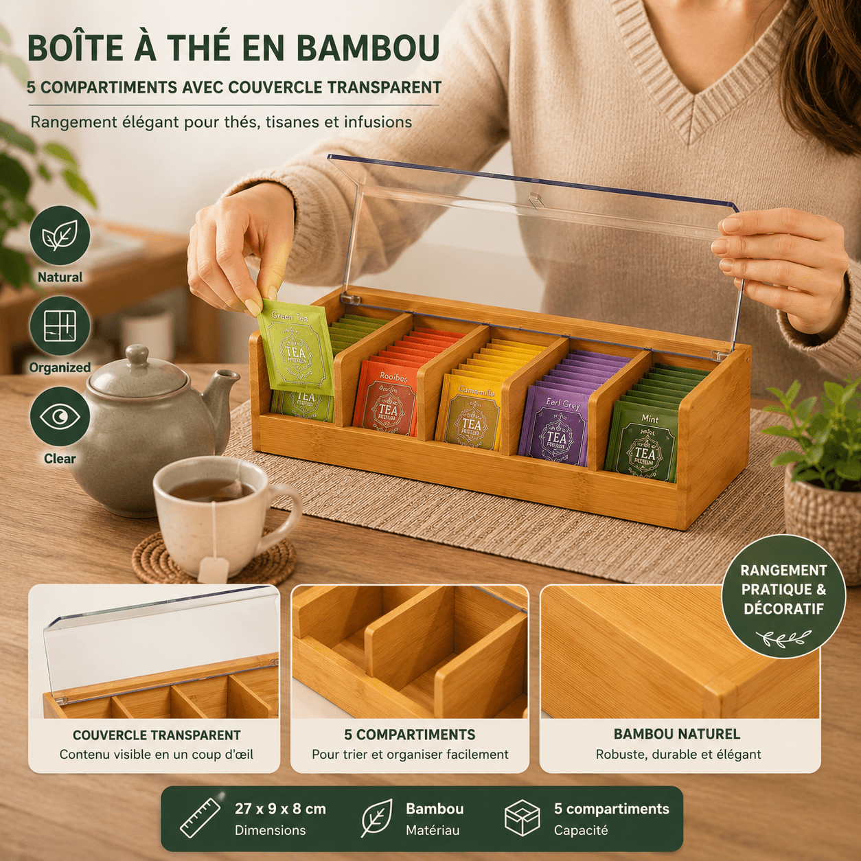 Tea Box In Bamboo 5 Compartments With Transparent Lid – Storage For Tea Bags, And Herbal Teas