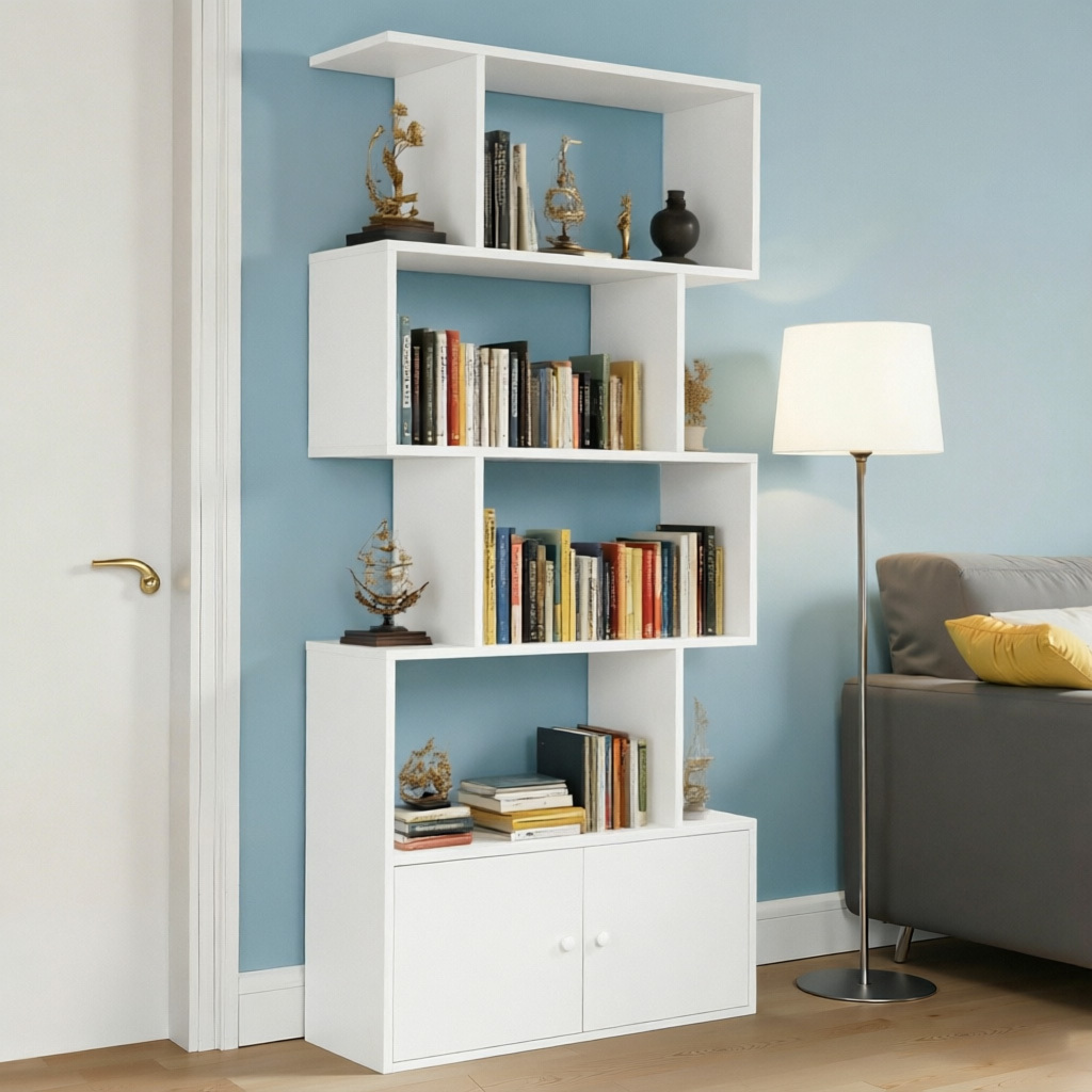 Bookshelf, 4-tier Shelf With 2-door Cabinet, 24 X 70 X 150 Cm, Freestanding Shelf, Office Shelf, Display Shelf, Modern, For Living Room, Bedroom, Office, Matt White