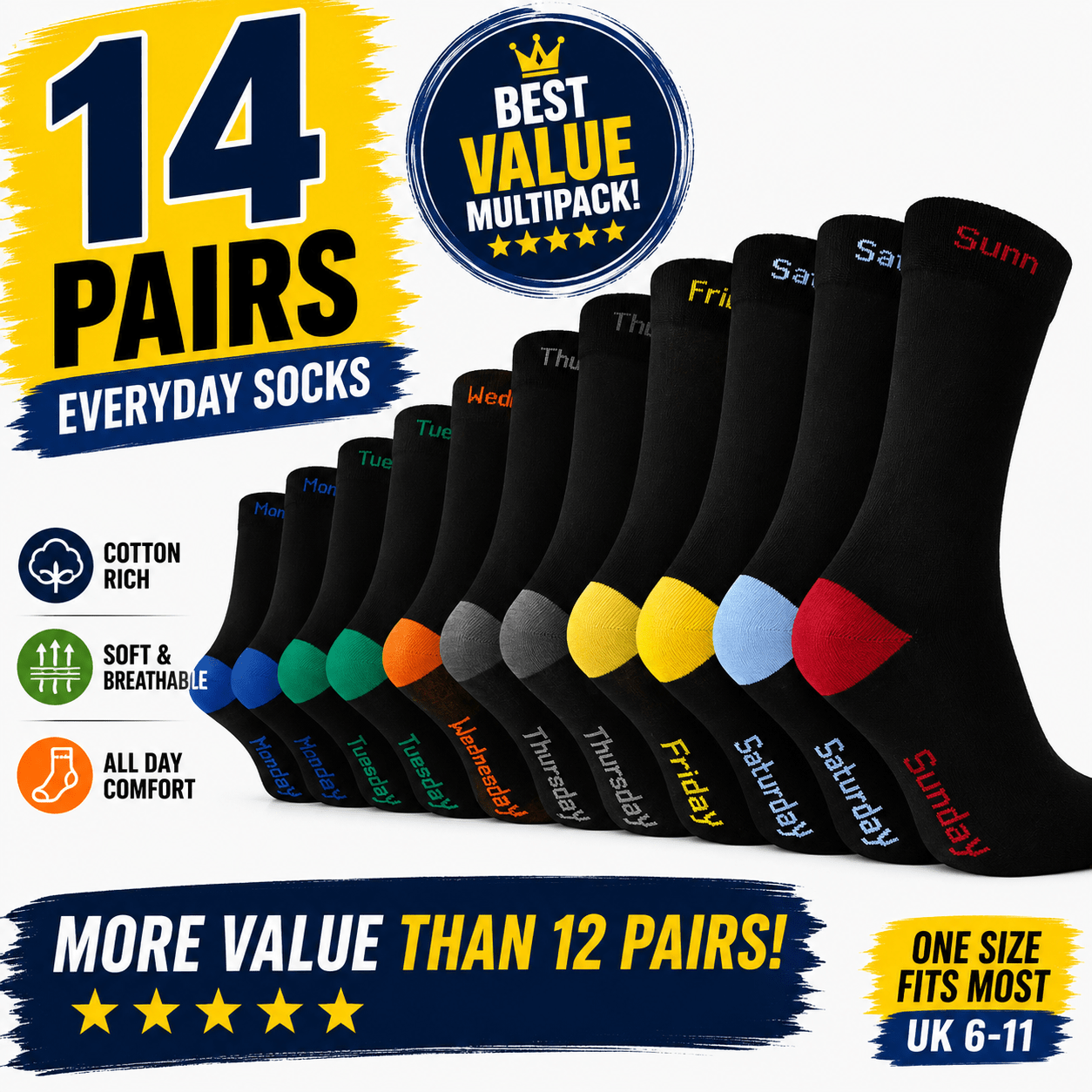 TEMU 14 Pairs Men’s Cotton Crew Socks Uk 6–11 – Days Of The Week Printed, Breathable Soft Casual Socks, Comfortable Everyday Wear Gift Set