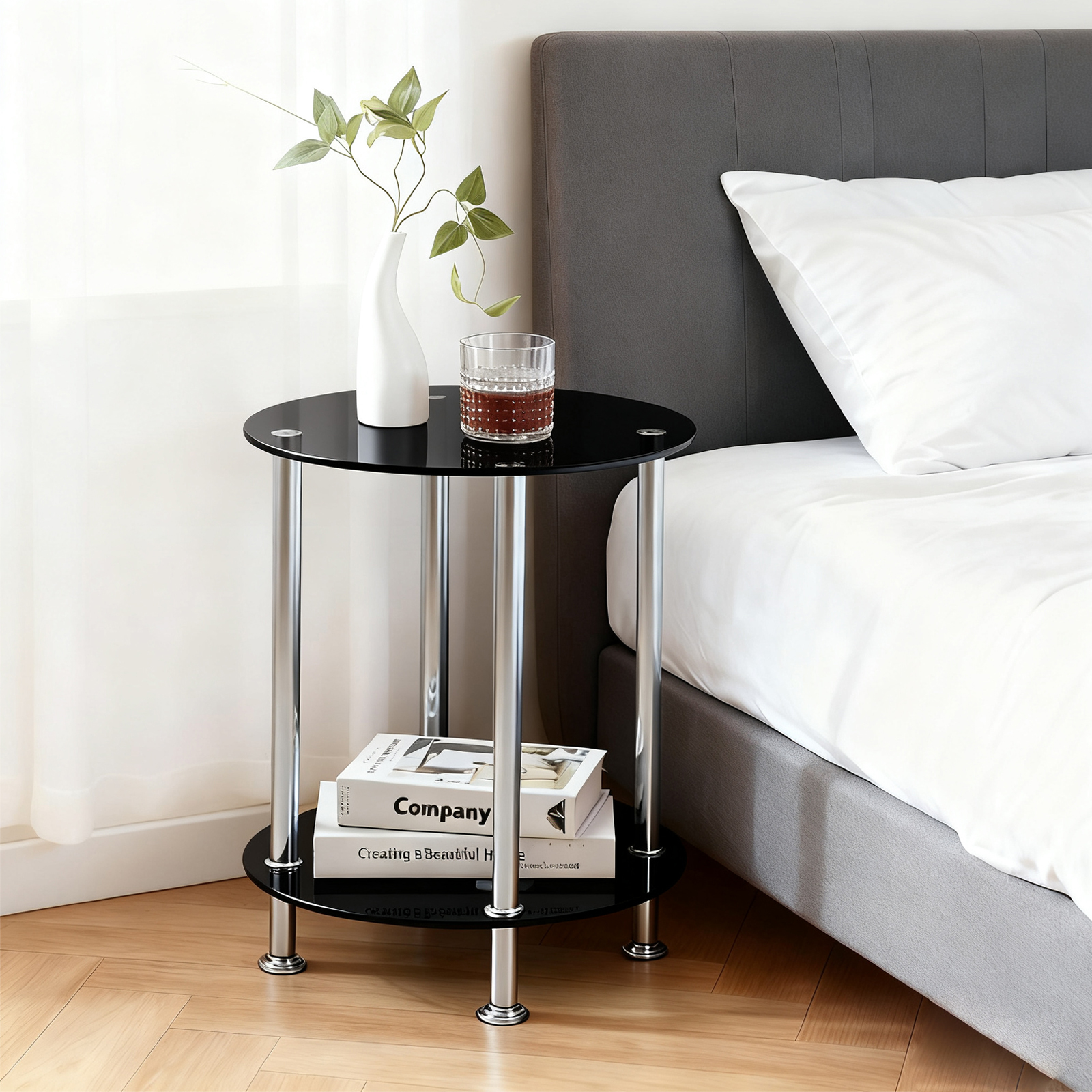 2-tier Tempered Glass End Table With Polished Chrome Legs, Small Round Sofa Side Table For Living Room