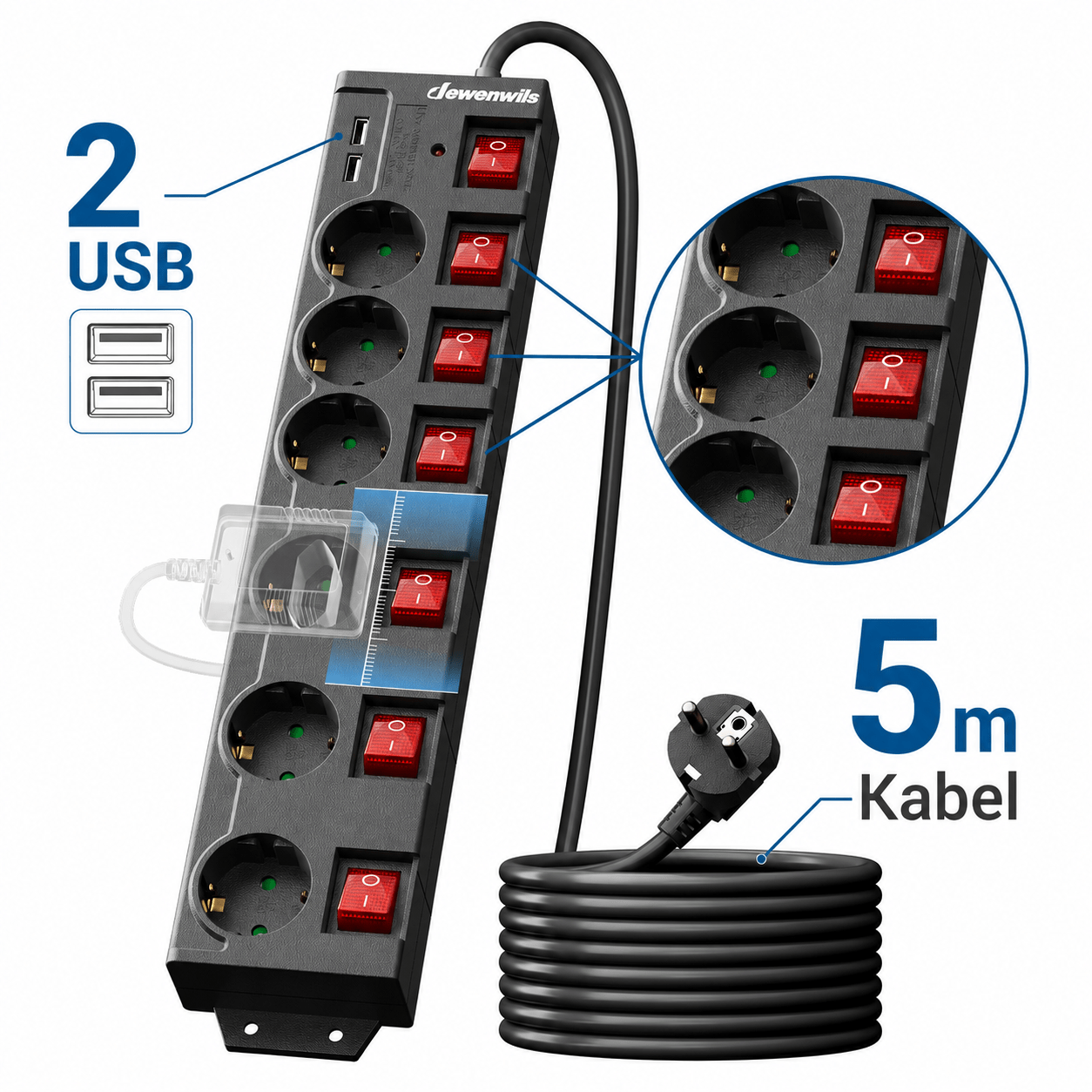 6-outlet Power Strip With Individual Switching, Dual Usb Ports, 5m Cable, Protection & Child Safety Lock, 90° Rotated