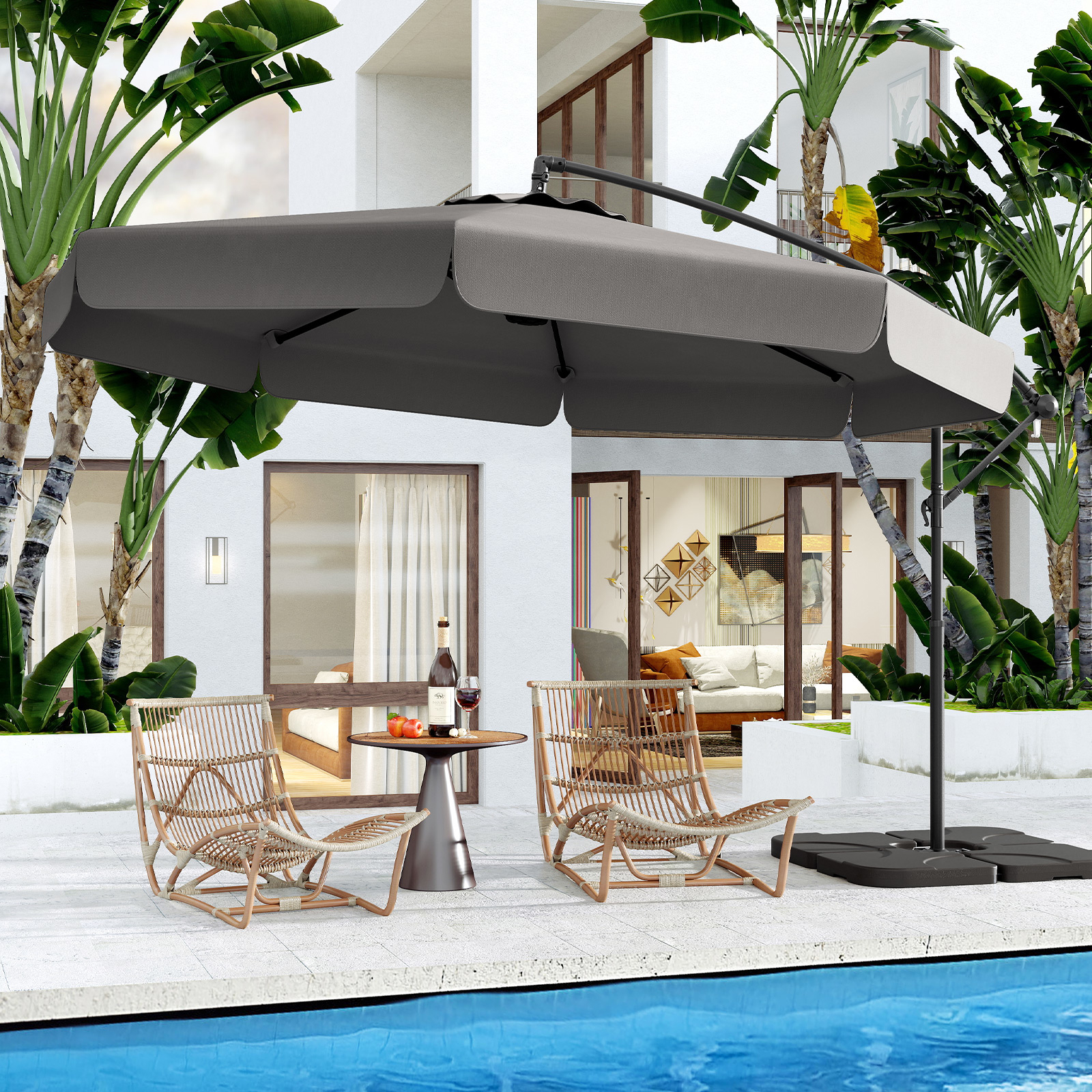 Image of 10ft Offset Hanging Umbrella With Cover, Patio Cantilever Umbrella With Easy Tilt Adjustment, Crank, 8 Ribs, Outdoor Parasol For Poolside Garden