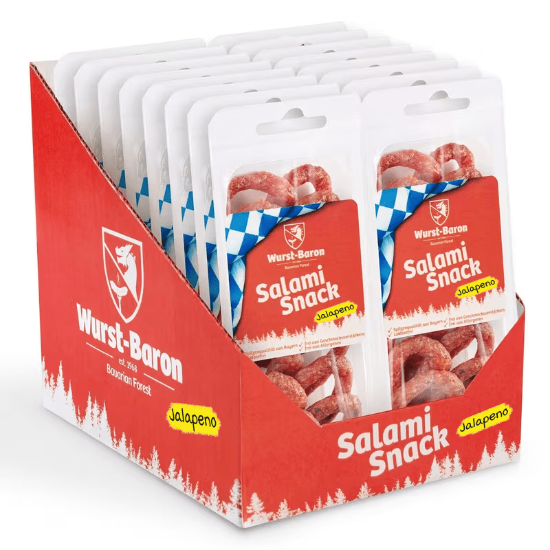 Image of Wurstbaron® - Salami Mini Pretzels - Sausage Snack Jalapeño Pretzels From Bavaria - Box With 16x 50g (800g) - Snackbox Sticks