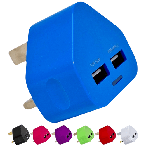 dual usb charger 2a double charging plug adapter dual mains charger fast charging plugs with usb port uk universal compatible with mobile phone tab for home office use in multiple colours