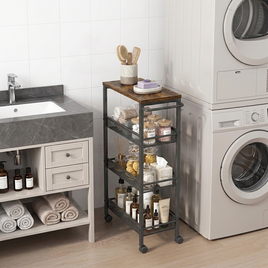 Rolling Trolley , Narrow Kitchen Trolley, Niche Shelf, Wheels, Steel, Handle, 22 X 45.4 X 77 Cm, Kitchen, Bathroom