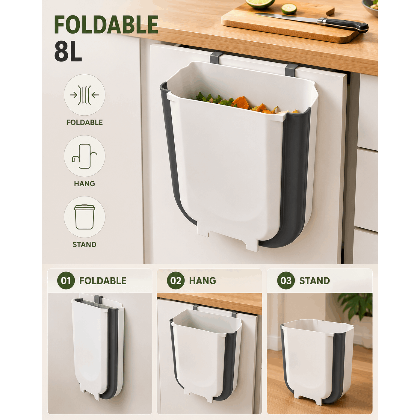 Suspended Retractable 8l Trash Can – Foldable Kitchen Bin To Hang On Cabinet Door – White And Grey